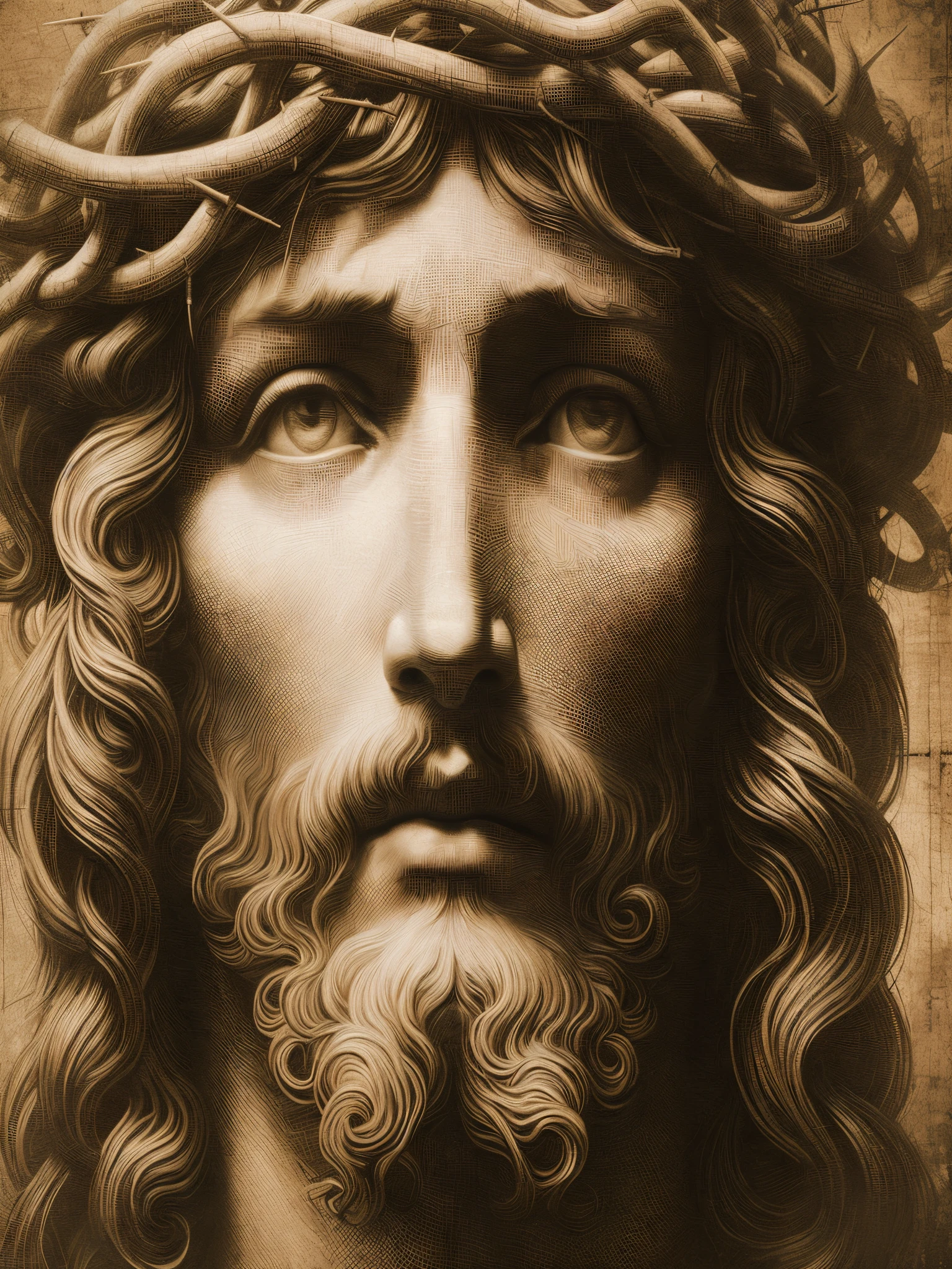 a close up of a statue of jesus with brown tint with a crown of thorns on his head, portrait of jesus christ, jesus face, jesus christ, jesus, jesus of nazareth, realistic 8k bernini sculpture, crown of thorns, the face of god, by Cristofano Allori, the lord and savior, catholic religious art, bernini