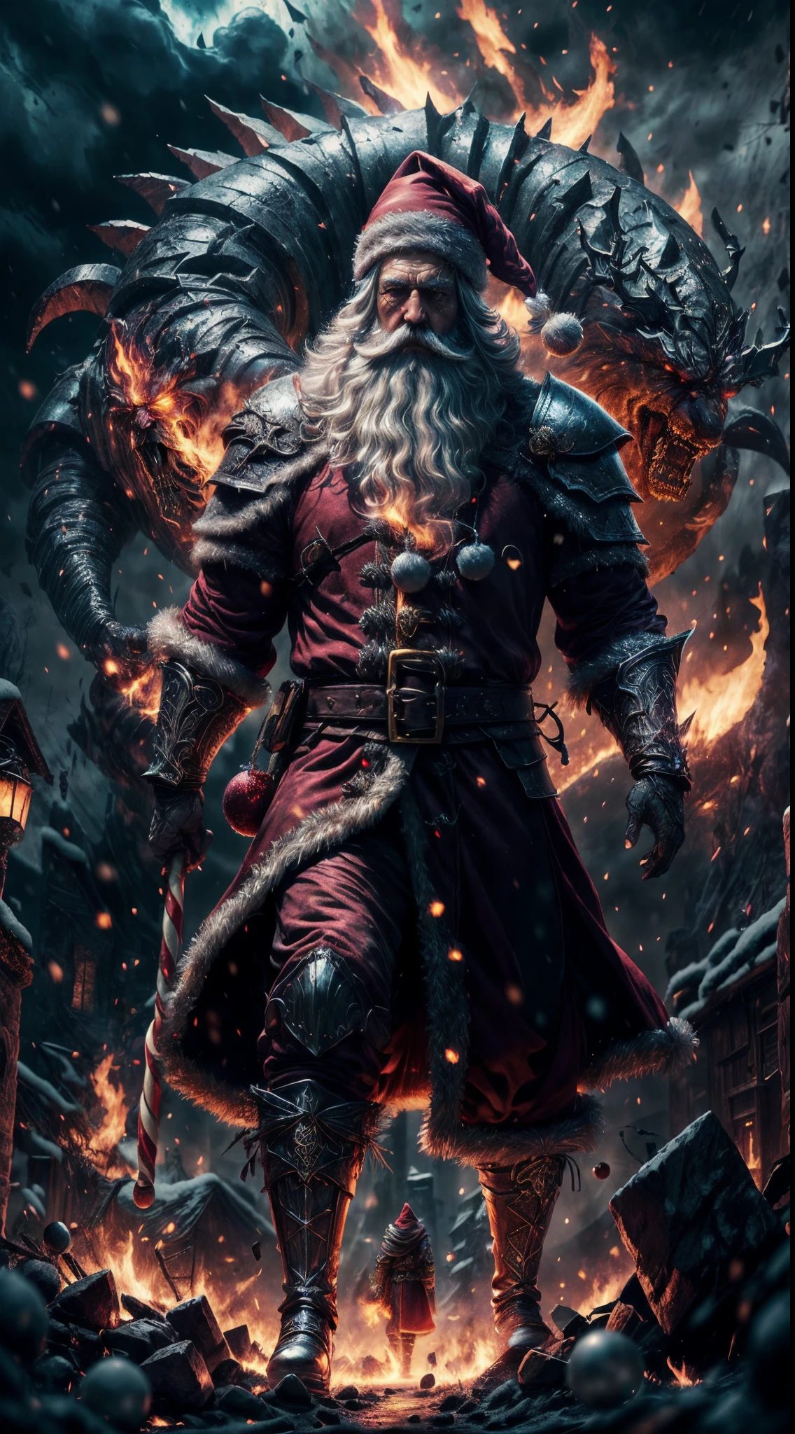 Full body,(a detailed artwork), Santa Claus as boss of game Dark Souls in the Christmas DLC, detailed eyes of Santa Claus, detailed lips of Santa Claus, extremely detailed face and beard, long white beard, muscular body of Santa Claus, wearing gold armor, holding a giant candy cane as a weapon, surrounded by a dark and gloomy environment with glowing Christmas lights, intense boss fight with fiery effects and explosions, high-resolution image (4k, 8k), HDR lighting, realistic portrayal, vibrant colors, atmospheric and ominous feel, intense action-packed scene.