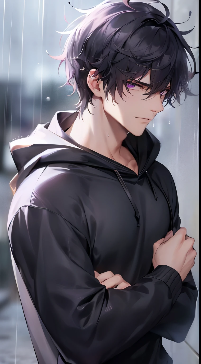 best quality, masterpiece, perfect face, muscular man, handsome man, solo focus, black hoodie, boring clothes, oversize hoodie, sad face, short black hair, messy hair, purple eyes, dark night, moody, cinematic lighting, long sleeves, black t-shirt, looking at camera, sad, rain, soft