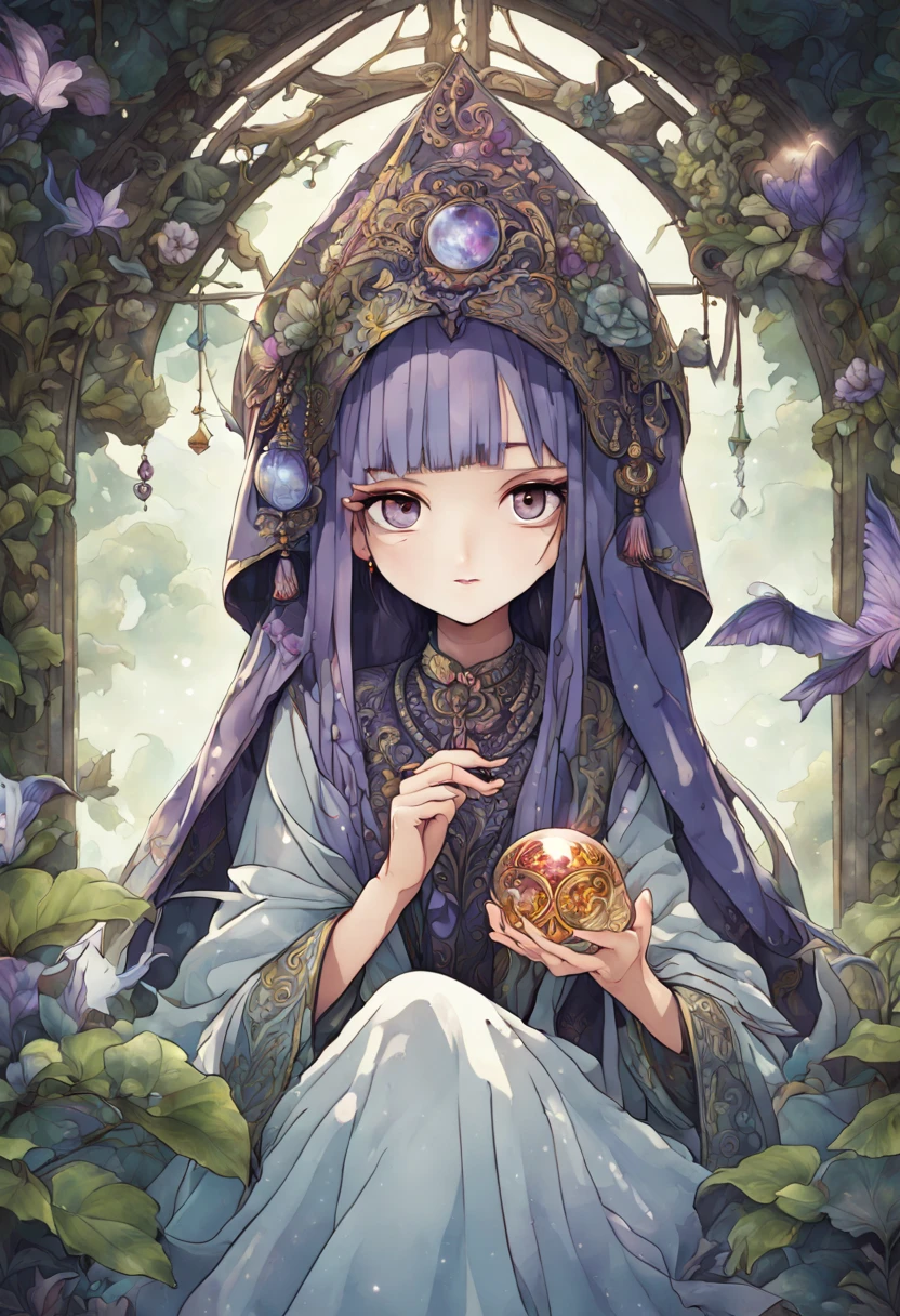 a fortune teller,medium:2.0,beautifully illustrated,vibrant colors,soft lighting,crystal ball,tarot cards,mystical atmosphere,floral patterns,fantasy elements,accurate predictions,detailed facial expressions,flowing robes,elaborate headdress,ancient symbols,peaceful garden background,gentle breeze,calming energy,quiet serenity,magical aura,quiet contemplation,whispered secrets,mysterious aura,translucent veils,delightful surprise,endless possibilities,enclosed gazebo,carefully chosen words,dark mystique,insightful guidance,transcendent experience,profound wisdom,[mysterious],(deep wisdom:1.1),(mysterious signs:1.5)