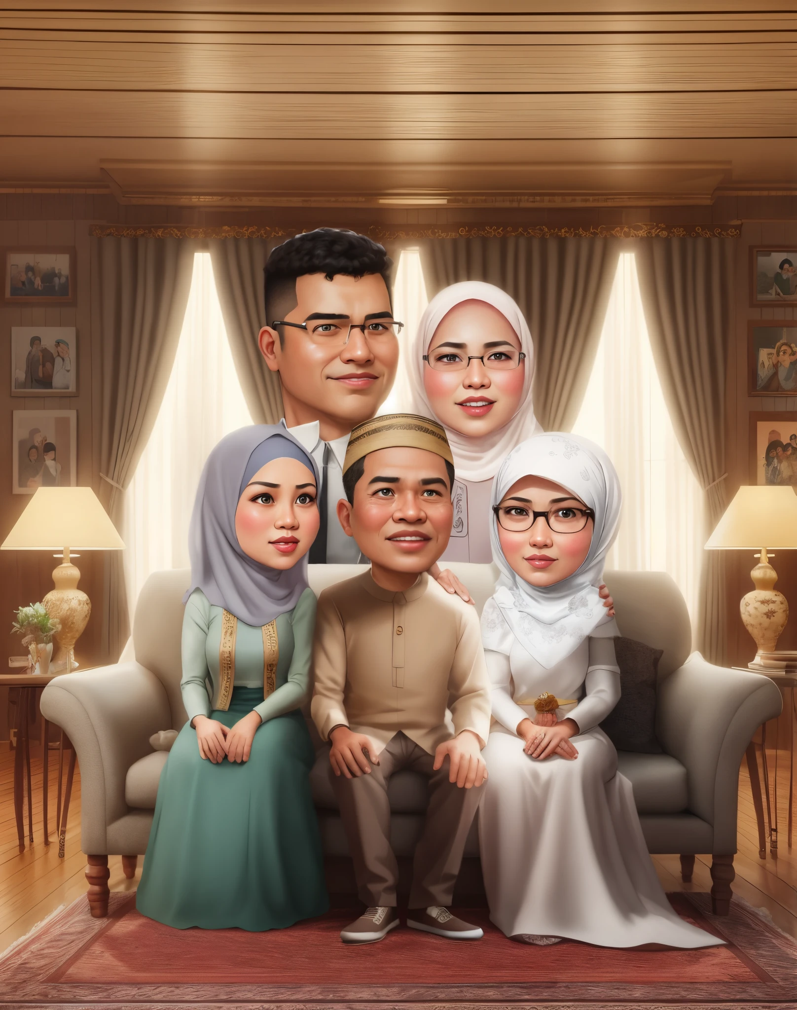 there are a group of people sitting on a couch together, an muslim indonesian family portrait, Sit on the sofa caricature illustration, happy family, family portrait, in cartoon style, potrait, full protrait, digital art cartoon, muslim family, by Abidin Dino, realistic cartoon, caricature style, realistic portrait photo, cartoon style illustration, highly detailed photo portrait, cartoon digital art