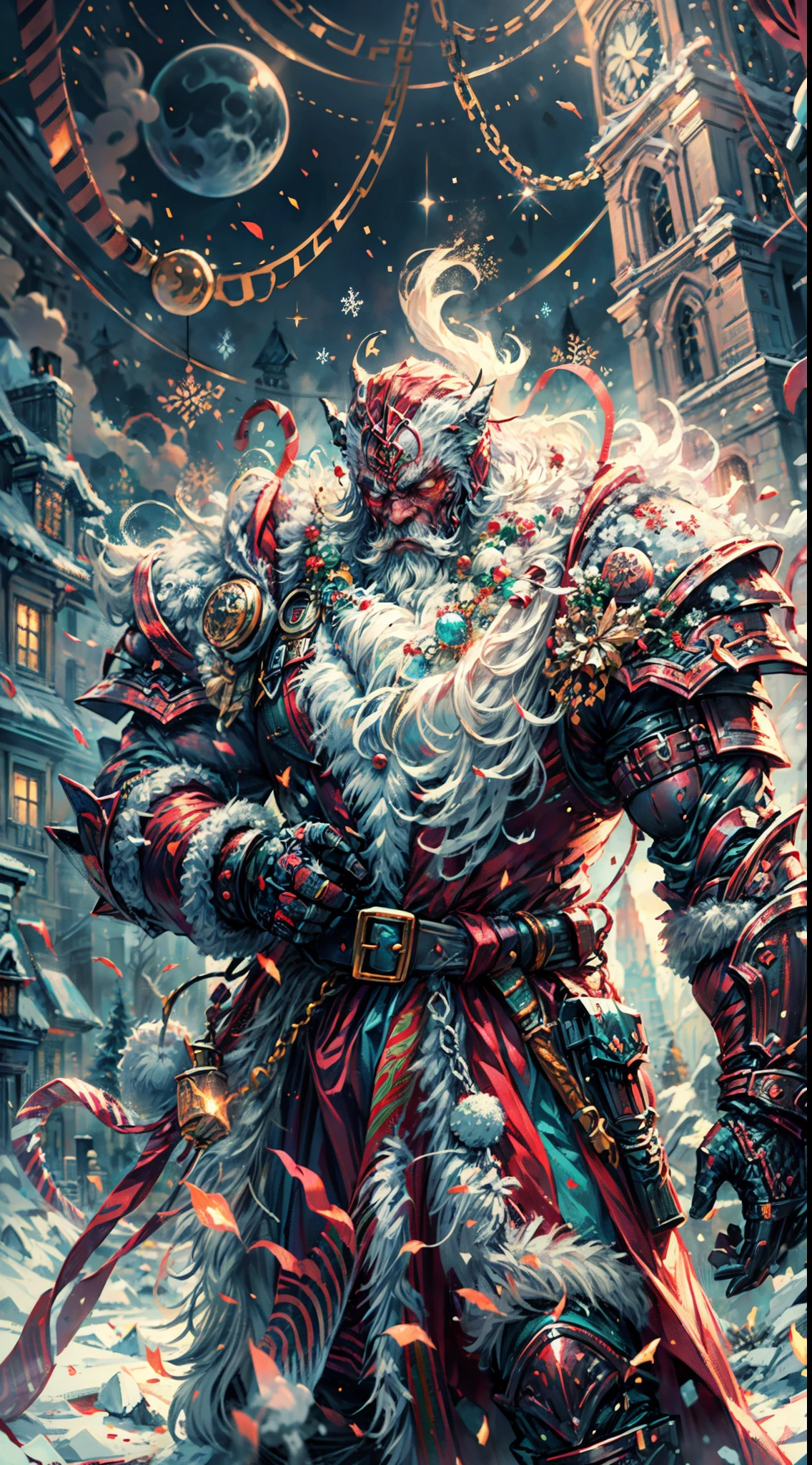 Santa Claus as the boss of the game "Dark Souls" in the Christmas DLC,best quality,4k,8k,highres,masterpiece:1.2,ultra-detailed,realistic:1.37,[HDR],[UHD],[studio lighting],extremely detailed face,beautiful detailed eyes,beautiful detailed lips,long eyelashes,[physically-based rendering],powerful physique,wearing a red and white armor suit with intricate designs,[imposing presence],holding a mighty candy cane [greatsword],surrounded by a snowy landscape,with large icicles hanging from the environment,casting a golden aura,[epic battle scene],intense fire and smoke effects,[vivid colorokeh],blue and white color scheme with hints of gold, dramatic lighting with warm highlights and cool shadows.