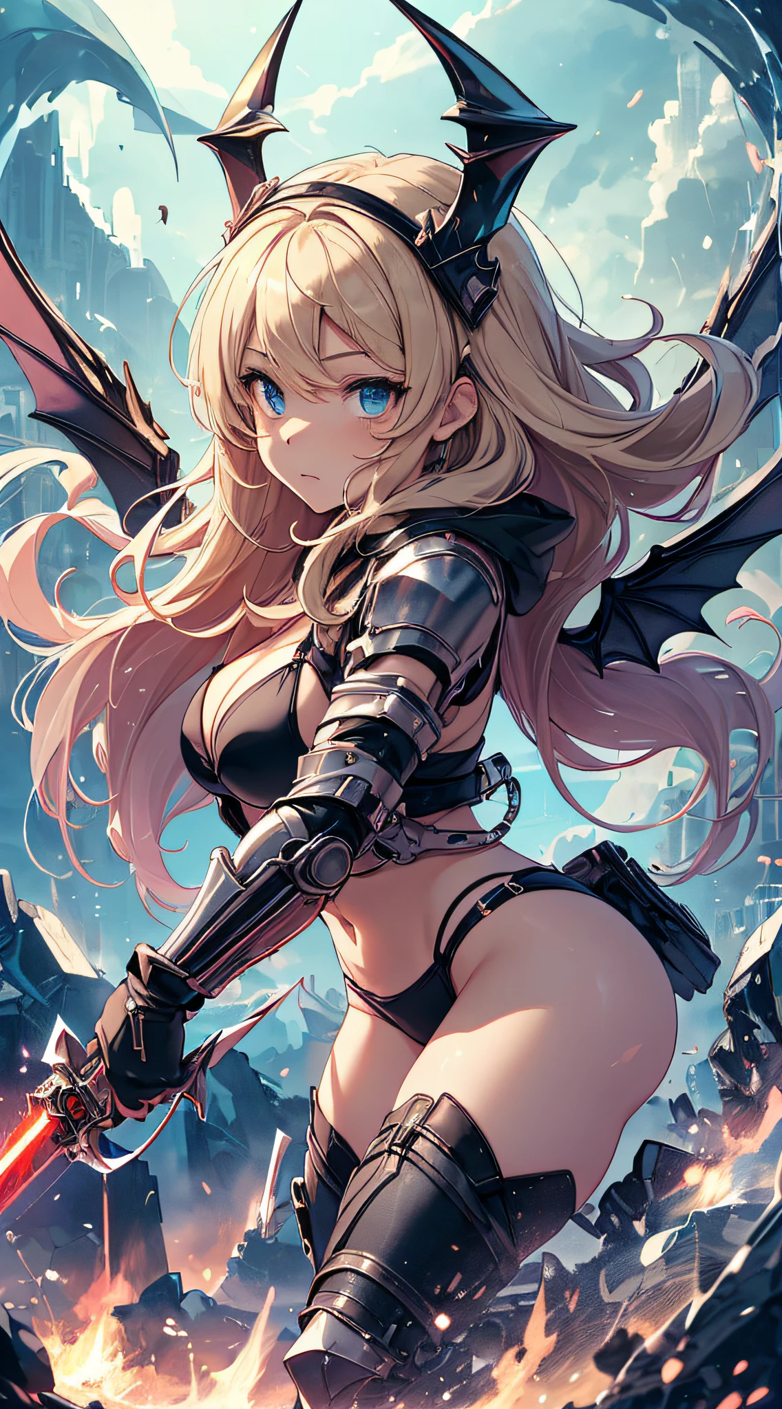 top-quality、Top image quality、​masterpiece、 girl((Black jacket、black mechanic body、Shining red body line、Black Bikini Armor、18year old、 Ager、Best Bust、big bast,Beautiful light blue eyes, Long Blonde Hair、A slender,Large valleys、Reflecting the whole body、black mechanic helmet、Black visor、mechanical red sword、Black wings、rear cable、mid air、flying though the air,fighting poses)),hiquality、Beautiful Art、Background with((Dark world、The Dark Legion、Fire Dragon、demon realm、Red background))​masterpiece、depth of fields,Japan Anime Style