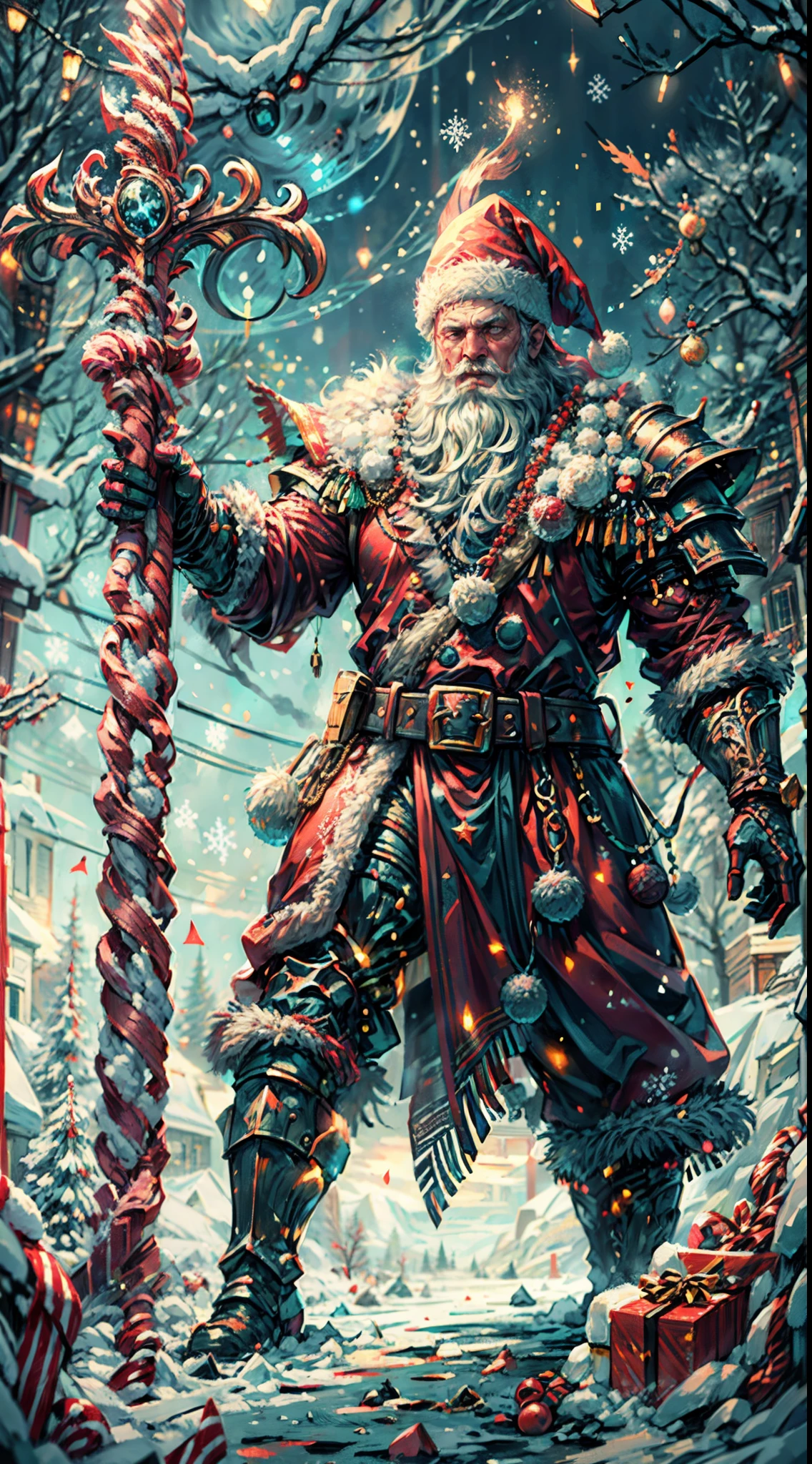 Santa Claus as the boss of the game "Dark Souls" in the Christmas DLC,best quality,4k,8k,highres,masterpiece:1.2,ultra-detailed,realistic:1.37,[HDR],[UHD],[studio lighting],extremely detailed face,beautiful detailed eyes,beautiful detailed lips,long eyelashes,[physically-based rendering],powerful physique,wearing a red and white armor suit with intricate designs,[imposing presence],holding a mighty candy cane [greatsword],surrounded by a snowy landscape,with large icicles hanging from the environment,casting a golden aura,[epic battle scene],intense fire and smoke effects,[vivid colorokeh],blue and white color scheme with hints of gold, dramatic lighting with warm highlights and cool shadows.