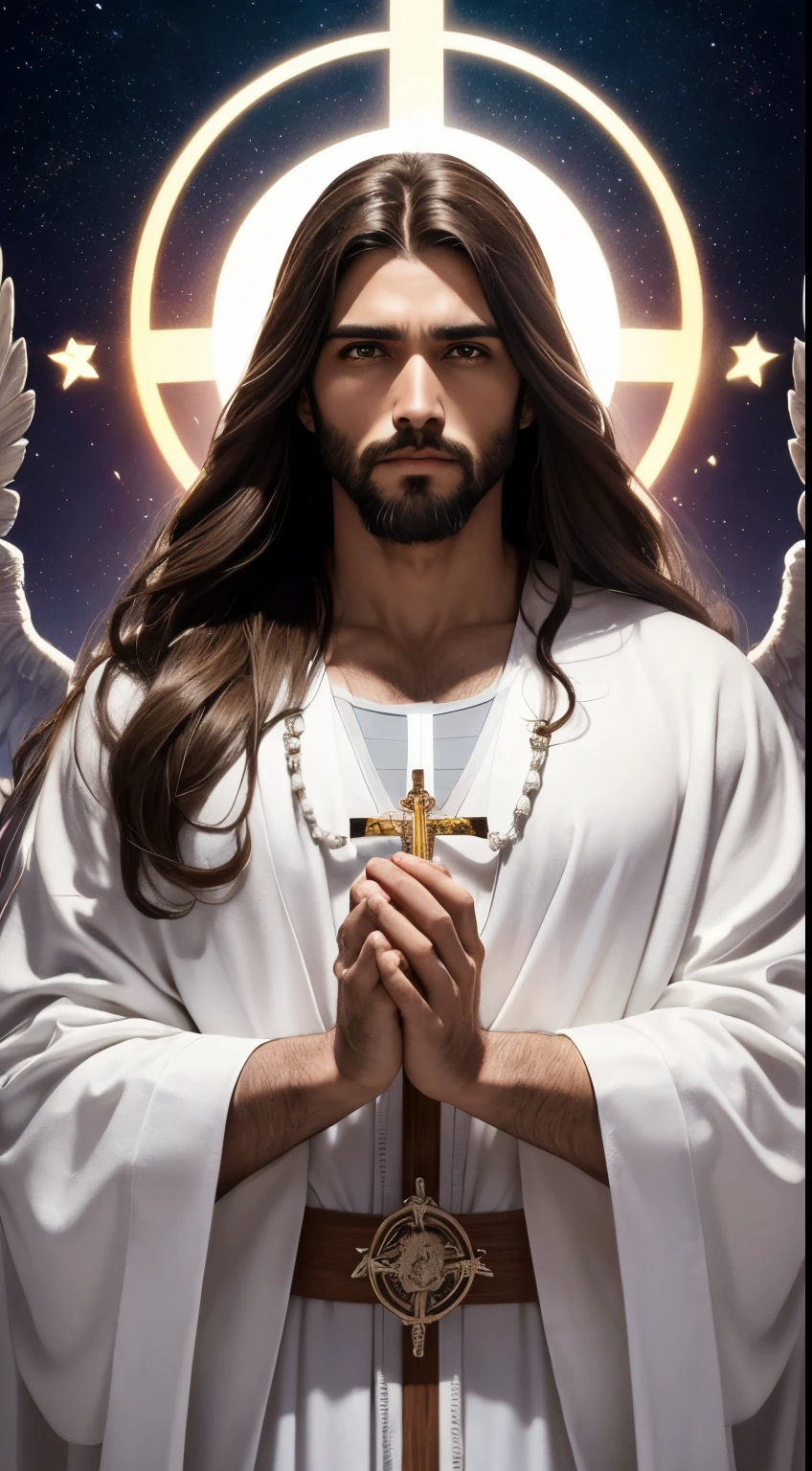 imagem de Jesus Cristo (nas nuvenan, macho, Macho, cabelos castanhos longos, cabelos longos ondulados, barba marrom longa, olhos perfeitos, olhos abertos, olhar sereno, ansioso olhando para o espectador, grandes asas de anjo , holding a rosary in hands, Wearing a white robe in the skies, aura de luz ao redor, Ansioso, Blessing the People on Earth, Foco frontal, 8k