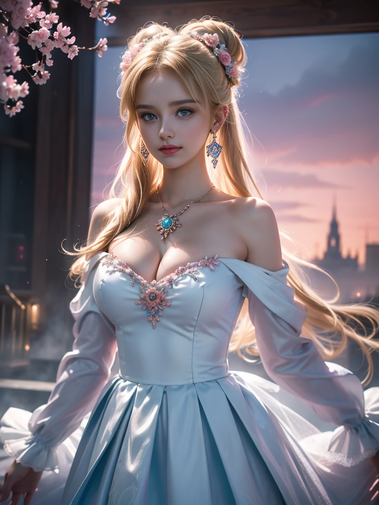 tmasterpiece,Highest image quality,super detailing,Best quality ,Extremely Delicately Beautiful, Very meticulous,Best quality, offcial art, extremely detaild的 CG unified 8k wallpapers, Ana de Armas portrait photo, blond hair blue eyes,Radiant skin and radiant eyes:1.1), pretty skin, Black suit, (Detailed lighting:1.2), (Beautiful and detailed light:1.3), face to the viewer,beautiful wedding dress, deep understanding, The beautiful, iintricate, digitial painting, smooth private parts, Focus sharp, The end of the world, Epic reality, (HighDynamicRange:1.4), captivating curves,(pastel colour:1.4), Bigchest,apocalyptic, giving up, com cores neutras, natta, Screen space refraction, (Complicated details, ultra - detailed:1.3), art stations, Cinema lenses, vignet, the complex background, buliding,Enchanted smile,detailed back ground,Dream catcher earrings in various colors,white colors,in pink,purpleish color,red colour,blue colors,orange colors,green color,cyan colors,),No shoulder strap,blossom print,