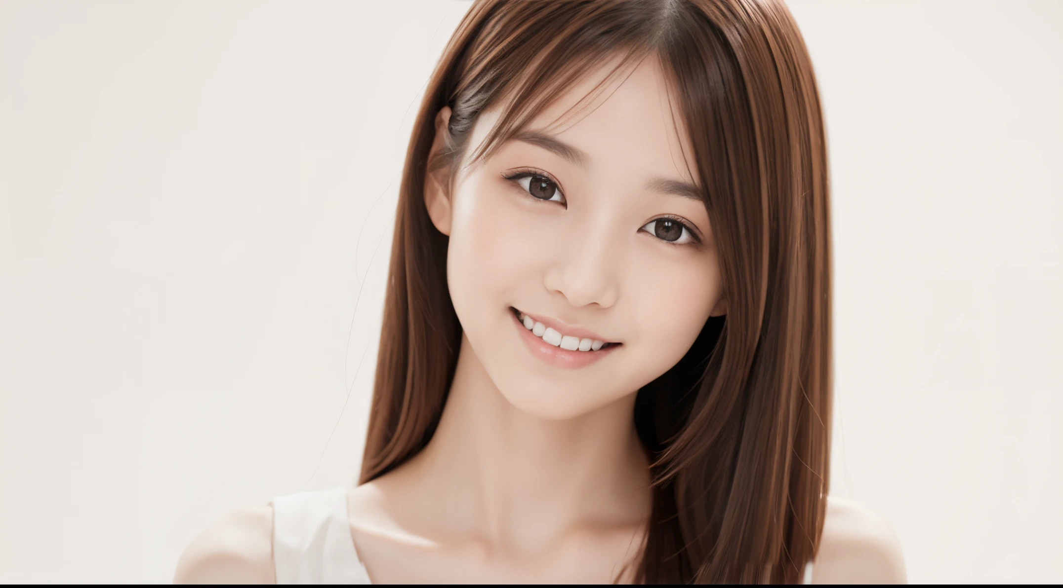 Young japanese lady, 30s, White background, Brown hair, slender, 4K, 8K, High quality, Beauty, Smile, Beautiful eyes, It features a simple, High resolution,1 person