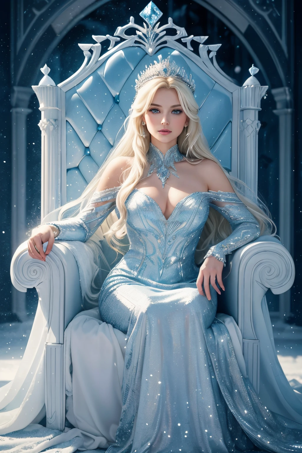 (best quality,4k,highres,masterpiece:1.2),ultra-detailed,realistic ,portrait,colorful,studio lighting,ice plate armor,blonde hair,blue eyes,beautiful detailed face,sparkling ice castle,icy landscape,glistening snow,queenly pose,winter magic, elegant dress, throne room, majestic atmosphere, magical powers, snowflake patterns, mystical aura, regal and graceful, enchanting beauty, frosty breath, icy blue color palette, halo of light