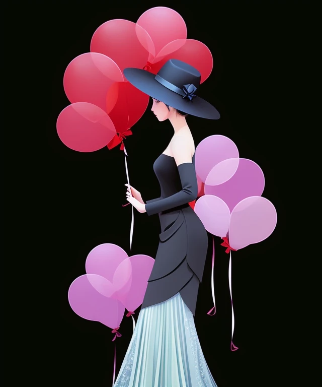 One is wearing a skirt、Woman in a hat，With a bunch of balloons in his hand, Beautiful digital illustrations, digital art of an elegant, beautiful digital illustration, author：Marie Bashkirtsev, A beautiful artistic illustration, stunning digital illustration, Wonderful illustrations, by Yu Zhiding, elegant digital painting, Beautiful digital artwork, Digital illustration style, balloons, Digital art illustration