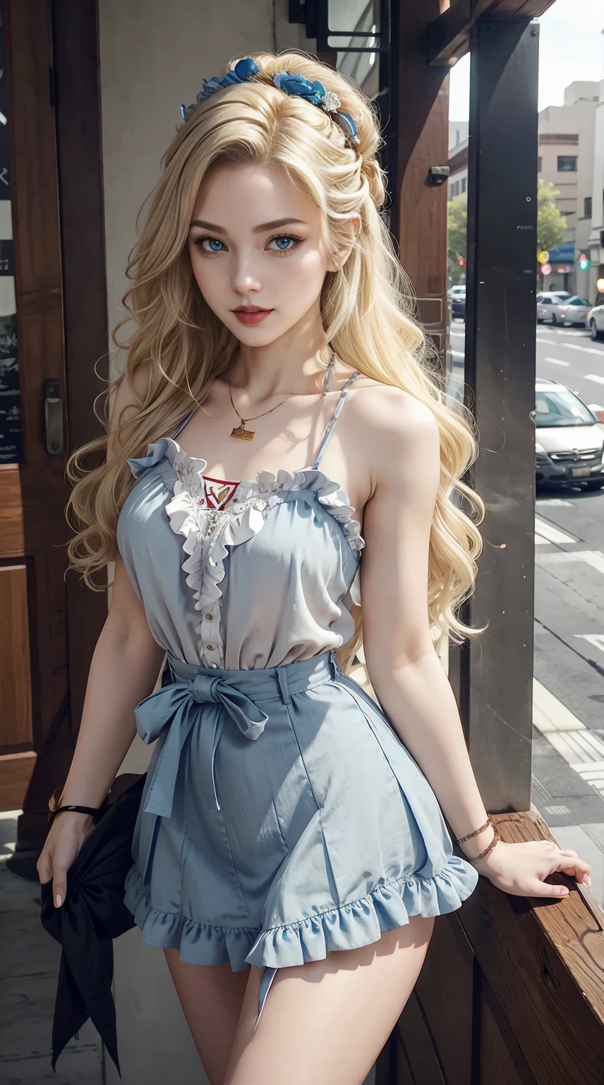 a 25yo woman、Hair color is a gradation color from blonde to blue、eye color is brown、Semi-long、hair is wavy、wearing eye shadow and lipstick、I&#39;m wearing a decorated headband、accessories on wrist、Slender but well-proportioned muscular body、wearing a frilly blouse、I&#39;m wearing a low-rise pleated skirt、huge tit、a smile