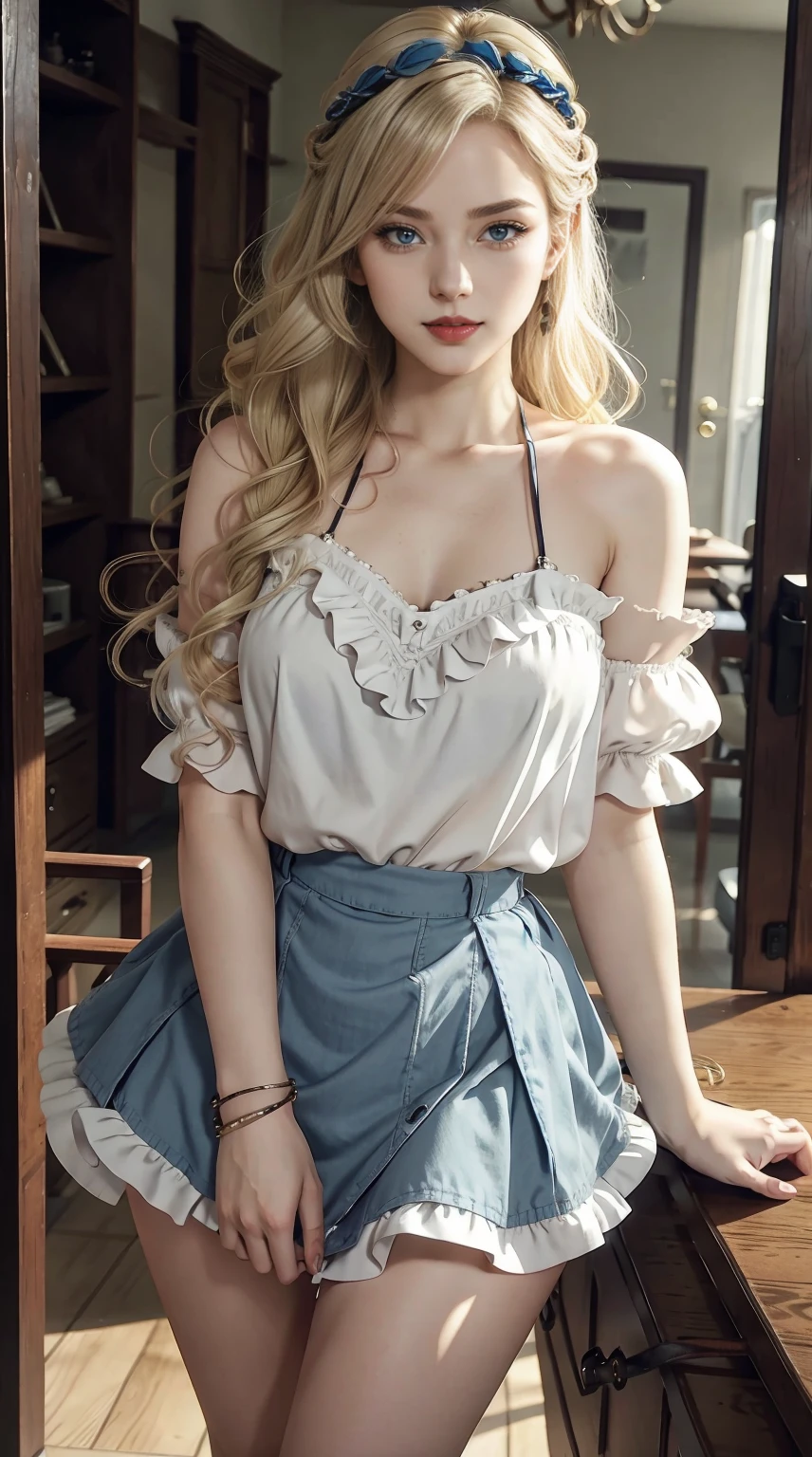 a 25yo woman、Hair color is a gradation color from blonde to blue、eye color is brown、Semi-long、hair is wavy、wearing eye shadow and lipstick、I&#39;m wearing a decorated headband、accessories on wrist、Slender but well-proportioned muscular body、wearing a frilly blouse、I&#39;m wearing a low-rise pleated skirt、huge tit、a smile