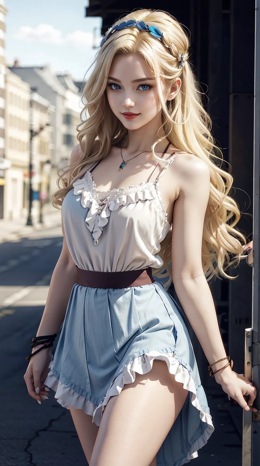 a 25yo woman、Hair color is a gradation color from blonde to blue、eye color is brown、Semi-long、hair is wavy、wearing eye shadow and lipstick、I&#39;m wearing a decorated headband、accessories on wrist、Slender but well-proportioned muscular body、wearing a frilly blouse、I&#39;m wearing a low-rise pleated skirt、huge tit、a smile