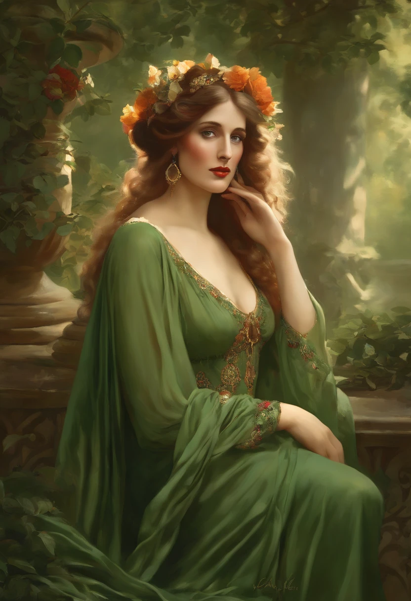 Painting of a beautiful and sexy woman, green eyes, ((with long medusa hair, falling over her shoulders)) and an embroidered dress, ((Spanish gypsy, from the Victorian Era)), ((Norma Shearer style)), wearing a dress with a V-neck corset and embroidery, in the background forest and flowers, Bowater art style, baroque digital painting, Renaissance digital painting, masterpiece! inspired by Franz Xaver Winterhalter, inspired by Friedrich von Amerling, beautiful character painting, beautiful digital painting, inspired by Thomas Lawrence, beautiful yywater painting, refraction, reflections, mirrors, prisms, sunlight, bright lights!! Complex, elegant, highly detailed digital painting, art station, concept art, sharp and soft focus, illustration, art by ( ( ( ( Artgerm ) ) ) ) and ( Greg Rutkowski )! and (((Alphonse Mucha))), eyes reflecting in eyes reflecting to infinity