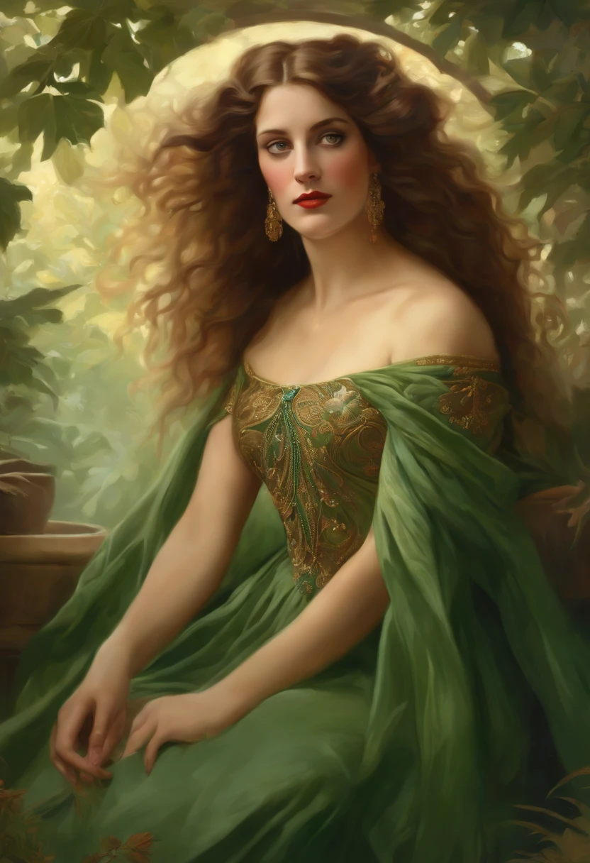 Painting of a beautiful and sexy woman, green eyes, ((with long medusa hair, falling over her shoulders)) and an embroidered dress, ((Spanish gypsy, from the Victorian Era)), ((Norma Shearer style)), wearing a dress with a V-neck corset and embroidery, in the background forest and flowers, Bowater art style, baroque digital painting, Renaissance digital painting, masterpiece! inspired by Franz Xaver Winterhalter, inspired by Friedrich von Amerling, beautiful character painting, beautiful digital painting, inspired by Thomas Lawrence, beautiful yywater painting, refraction, reflections, mirrors, prisms, sunlight, bright lights!! Complex, elegant, highly detailed digital painting, art station, concept art, sharp and soft focus, illustration, art by ( ( ( ( Artgerm ) ) ) ) and ( Greg Rutkowski )! and (((Alphonse Mucha))), eyes reflecting in eyes reflecting to infinity