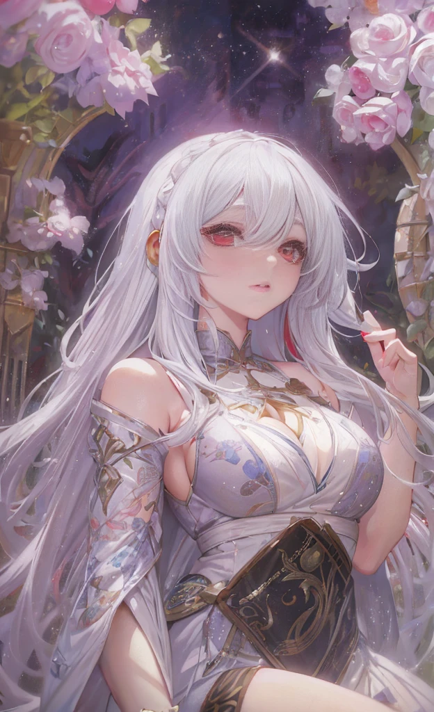 Anime girl with long white hair and red eyes posing in the garden, white-haired god, detailed digital anime art, guweiz on artstation pixiv, Girl with white hair, guweiz on pixiv artstation, anime goddess, perfect white hair girl, detailed anime art, Beautiful fantasy anime, Anime fantasy artwork, Popular topics on artstation pixiv