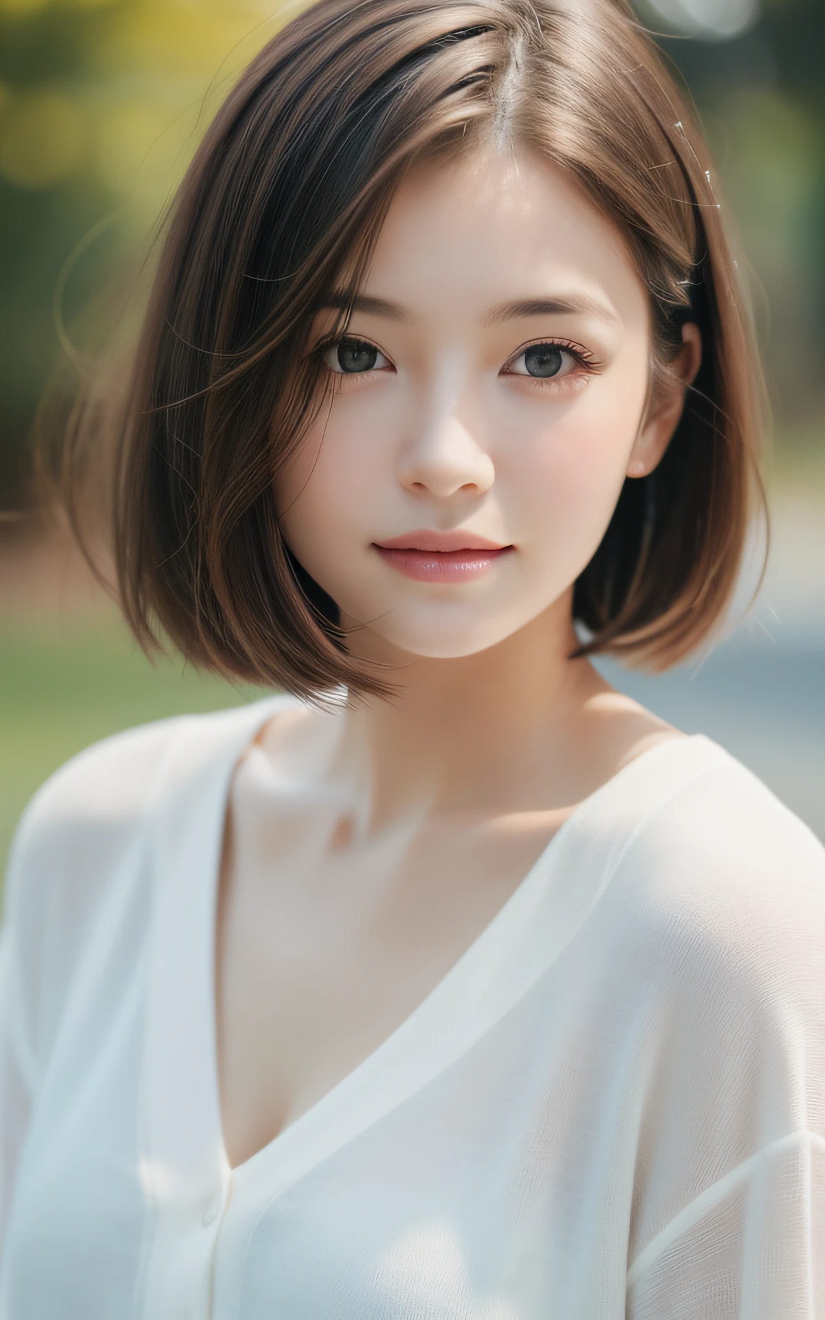 masutepiece, Best Quality, 8K, 1 girl, 20 yo, Closed mouth, Little smile, close-up, Close-up of face, Solo, Cute, Girly, Delicate girl, Neat and clean beauty, Raw photo, Professional Photography, Portrait, Soft light, Professional Lighting, Back lighting, Look away, looking at away, Sophisticated, Film grain, (Eyes and faces with detailed:1.0), Short-length floating hair, Beautiful flowing hair,