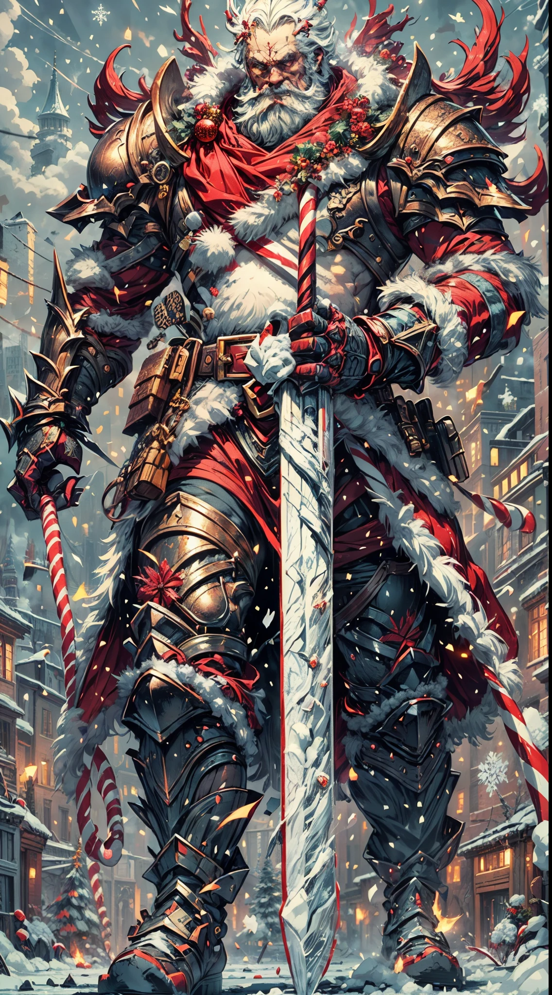 Santa Claus as the boss of the game "Dark Souls" in the Christmas DLC,best quality,4k,8k,highres,masterpiece:1.2,ultra-detailed,realistic:1.37,[HDR],[UHD],[studio lighting],extremely detailed face,beautiful detailed eyes,beautiful detailed lips,long eyelashes,[physically-based rendering],powerful physique,wearing a red and white armor suit with intricate designs,[imposing presence],holding a mighty candy cane [greatsword],surrounded by a snowy landscape,with large icicles hanging from the environment,casting a golden aura,[epic battle scene],intense fire and smoke effects,[vivid colorokeh],blue and white color scheme with hints of gold, dramatic lighting with warm highlights and cool shadows.