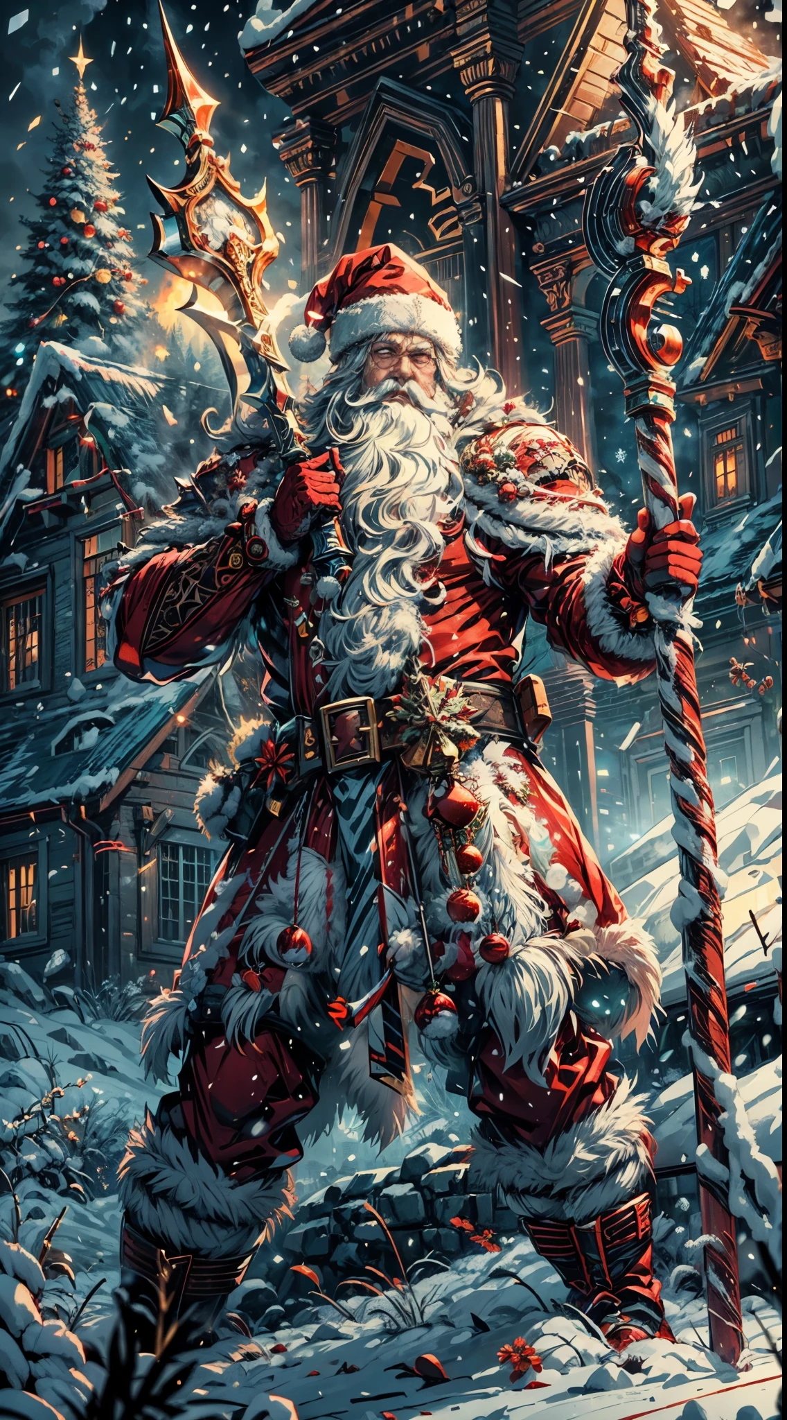 Santa Claus as the boss of the game "Dark Souls" in the Christmas DLC,best quality,4k,8k,highres,masterpiece:1.2,ultra-detailed,realistic:1.37,[HDR],[UHD],[studio lighting],extremely detailed face,beautiful detailed eyes,beautiful detailed lips,long eyelashes,[physically-based rendering],powerful physique,wearing a red and white armor suit with intricate designs,[imposing presence],holding a mighty candy cane [greatsword],surrounded by a snowy landscape,with large icicles hanging from the environment,casting a golden aura,[epic battle scene],intense fire and smoke effects,[vivid colorokeh],blue and white color scheme with hints of gold, dramatic lighting with warm highlights and cool shadows.