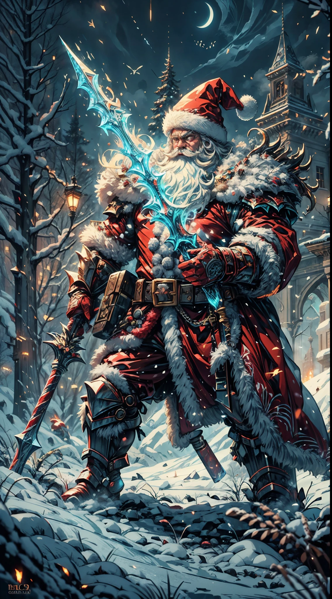 Santa Claus as the boss of the game "Dark Souls" in the Christmas DLC,best quality,4k,8k,highres,masterpiece:1.2,ultra-detailed,realistic:1.37,[HDR],[UHD],[studio lighting],extremely detailed face,beautiful detailed eyes,beautiful detailed lips,long eyelashes,[physically-based rendering],powerful physique,wearing a red and white armor suit with intricate designs,[imposing presence],holding a mighty candy cane [greatsword],surrounded by a snowy landscape,with large icicles hanging from the environment,casting a golden aura,[epic battle scene],intense fire and smoke effects,[vivid colorokeh],blue and white color scheme with hints of gold, dramatic lighting with warm highlights and cool shadows.