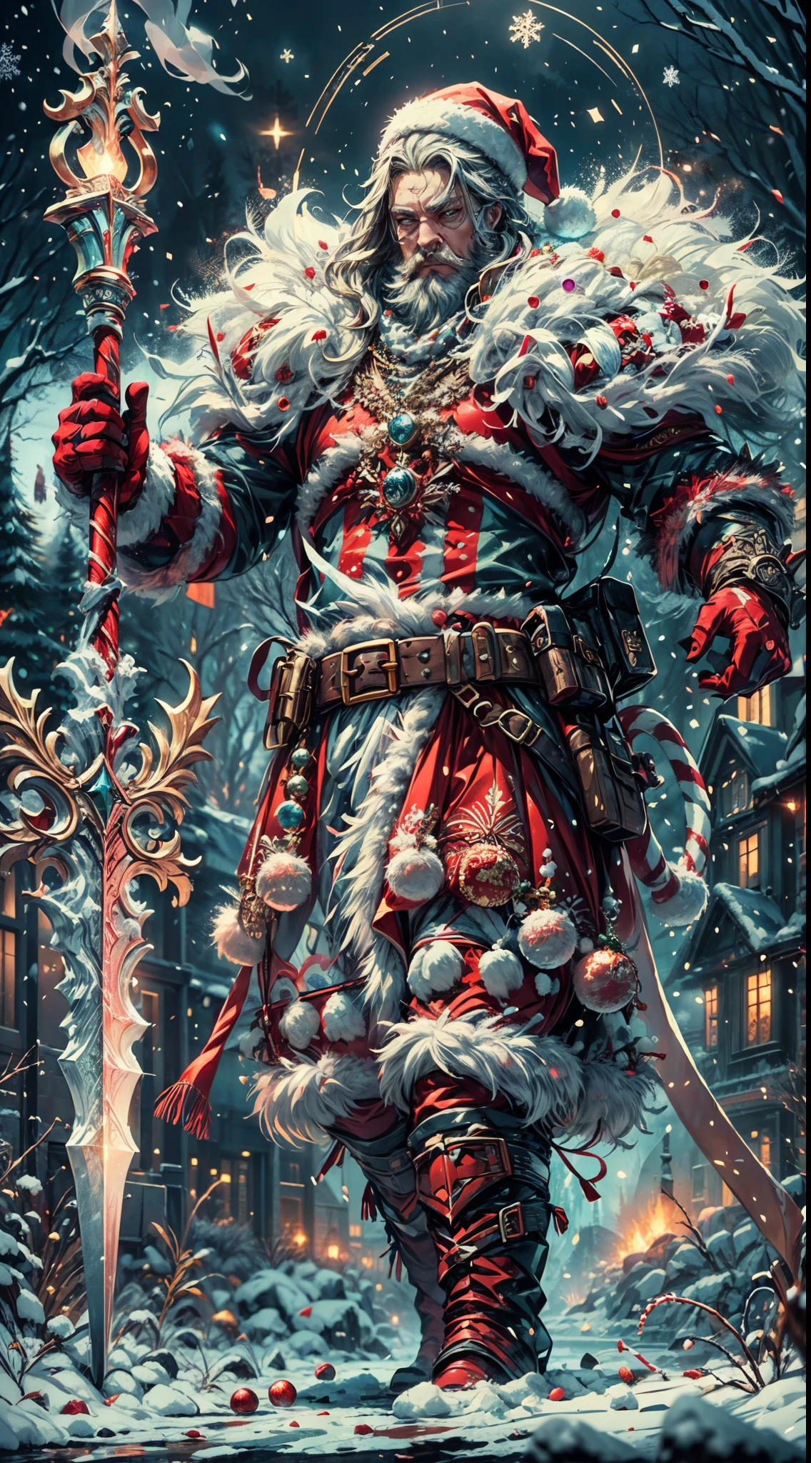 Santa Claus as the boss of the game "Dark Souls" in the Christmas DLC,best quality,4k,8k,highres,masterpiece:1.2,ultra-detailed,realistic:1.37,[HDR],[UHD],[studio lighting],extremely detailed face,beautiful detailed eyes,beautiful detailed lips,long eyelashes,[physically-based rendering],powerful physique,wearing a red and white armor suit with intricate designs,[imposing presence],holding a mighty candy cane [greatsword],surrounded by a snowy landscape,with large icicles hanging from the environment,casting a golden aura,[epic battle scene],intense fire and smoke effects,[vivid colorokeh],blue and white color scheme with hints of gold, dramatic lighting with warm highlights and cool shadows.