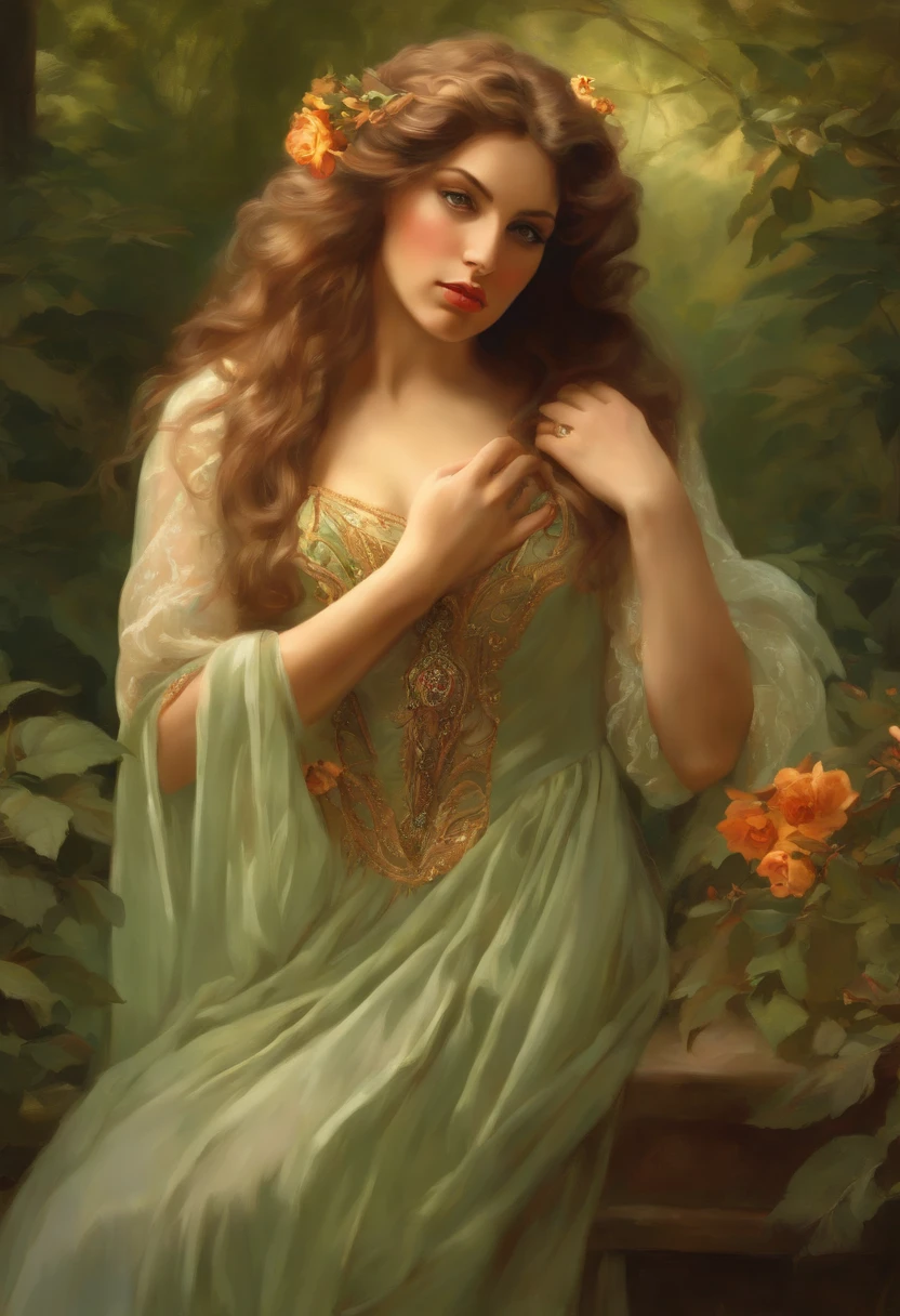 Painting of a beautiful and sexy woman, green eyes, ((with long medusa hair, falling over her shoulders)) and an embroidered dress, ((Spanish gypsy, from the Victorian Era)), ((Lana turner style)), wearing a dress with a V-neck corset and embroidery, in the background forest and flowers, Bowater art style, baroque digital painting, Renaissance digital painting, masterpiece! inspired by Franz Xaver Winterhalter, inspired by Friedrich von Amerling, beautiful character painting, beautiful digital painting, inspired by Thomas Lawrence, beautiful yywater painting, refraction, reflections, mirrors, prisms, sunlight, bright lights!! Complex, elegant, highly detailed digital painting, art station, concept art, sharp and soft focus, illustration, art by ( ( ( ( Artgerm ) ) ) ) and ( Greg Rutkowski )! and (((Alphonse Mucha))), eyes reflecting in eyes reflecting to infinity