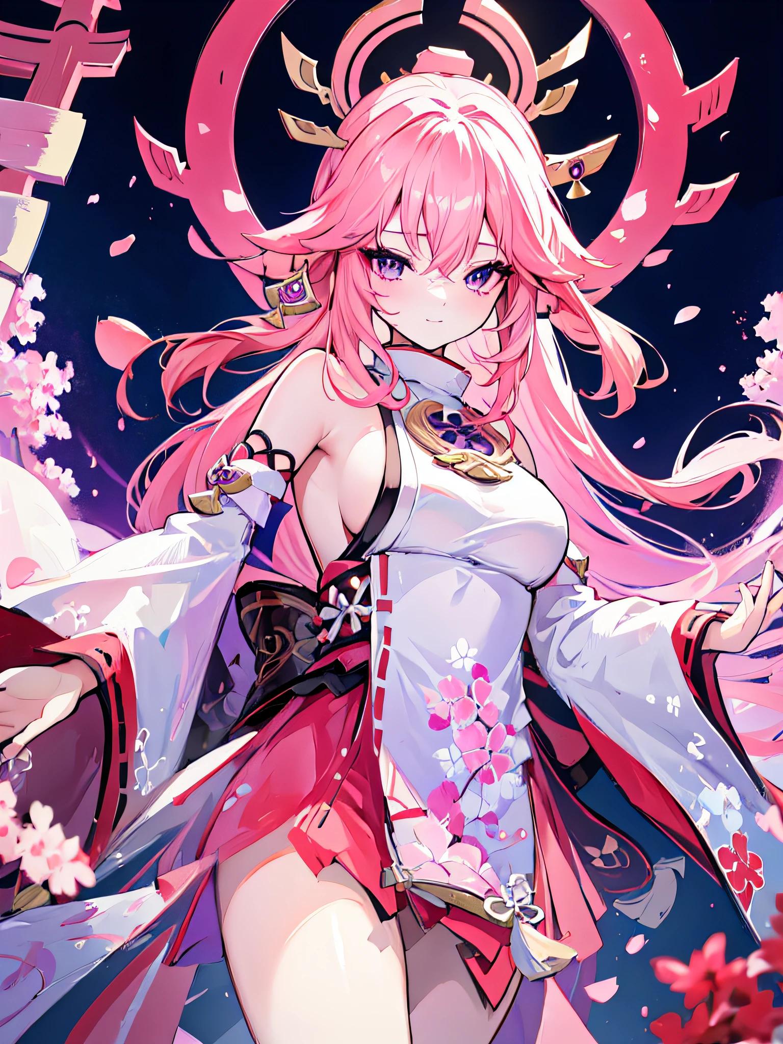 1 busty girl, (ulzzang-6500:0.7), K-pop idol, Yaeko, Split sleeves, shoulder, with pink hair, Long gray hair, Japanese clothes, Best quality, (Draw one:1.5), (hair adornments:1.35), jewely, a purple eye, ear nipple ring, , torii, Sakura NS, lantern light, depth of fields, Detailed faces, Face focus, Ribbon trimming, (looking at viewert:1.25), Non-traditional witches, Glowing and radiant skin, longer sleeves, ssmile, Thick lips, GameCG, hands on lips, east asian architecture, (vague background:1.2), sitted, upper part of body,