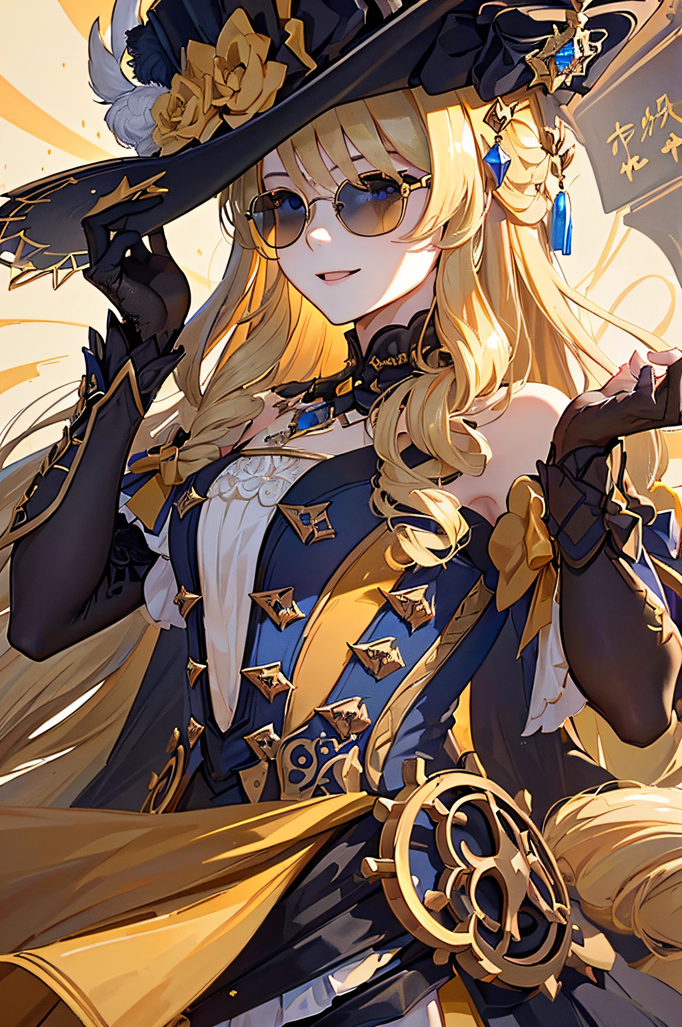 (hyper detailed background, top-quality、4K、Wear a big hat、Golden hair、Wear sunglasses、Touch your black sunglasses with your right hand、Face up、独奏、Upper Body Up、A smile、Clean face、perfect hand、Looking at the camera、Market Background