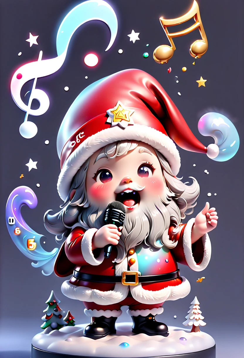 chalk gray style, ((1 glowing magical cute Santa Claus)),((Singing with a microphone)), ((Syllable symbols floating in the air)),Christmas elements,Snowy days,8K,Irridescent color, kawaii, cute big breasts, number art, high qulity, The is very detailed, 3Drenderingof,Bright colorinimalist style,Disney style,translucent