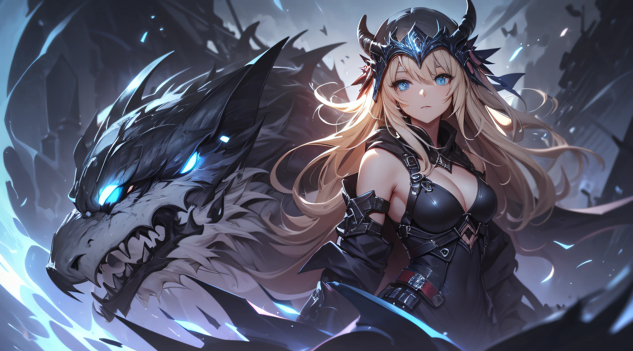 top-quality、Top image quality、masterpiece、 girl((black mechanic body、Shining red body line、Black Bikini Armor、18year old、 Ager、Best Bust、big bast,Beautiful light blue eyes, Long Blonde Hair、A slender,Large valleys、Reflecting the whole body、black mechanic helmet、Black visor、mechanical red sword、Black wings、rear cable、mid air、flying though the air,fighting poses)),hiquality、Beautiful Art、Background with((research complex、Mechanical Laboratory、bio research、Burning ground、Fire Dragon))masterpiece、depth of fields,Anime style
