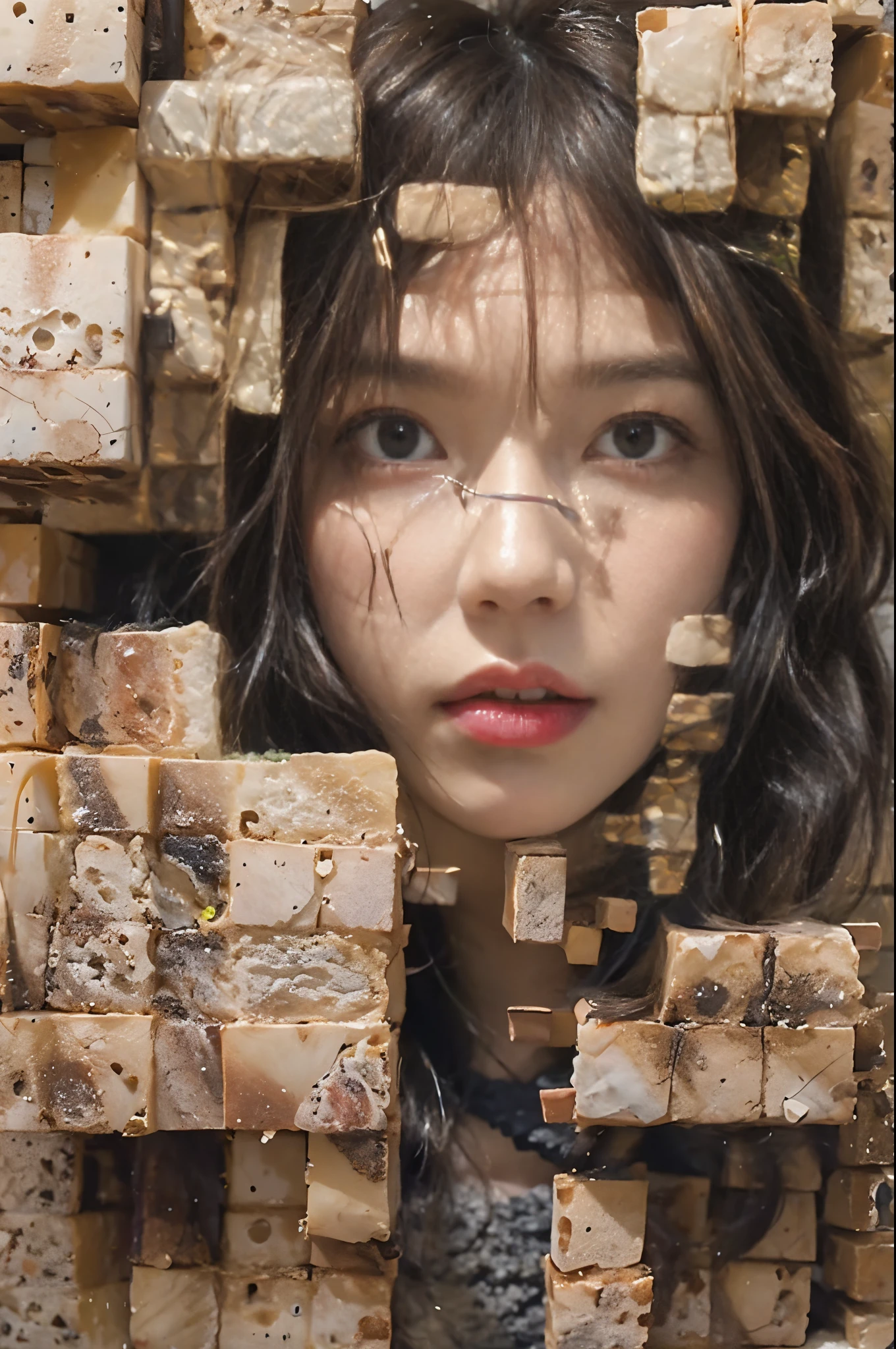 Create a unique composition featuring a 28 year old woman with tousled brunette hair。。. Use large amounts of square blocks in unconventional arrangements. Feel free to consider unrealistic approaches in your artwork.