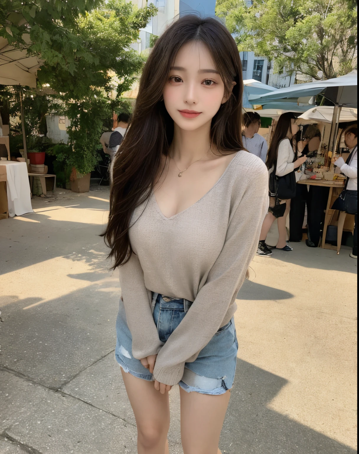 (((Best Quality, 8K, Masterpiece: 1.3,)), high-definition facial features, delicate facial feature, 1girl, Slim Abs Beauty: 1.3, ((long hair, natural hair)), ((((wearing sexy casual outfit))), Fine Face, (((Delicate Eyes))), Double Eyelids, Smile, looking at the viewer, (full body 1.5), ((market))), ((((natural background)))), (standing), bare legs, medium breast