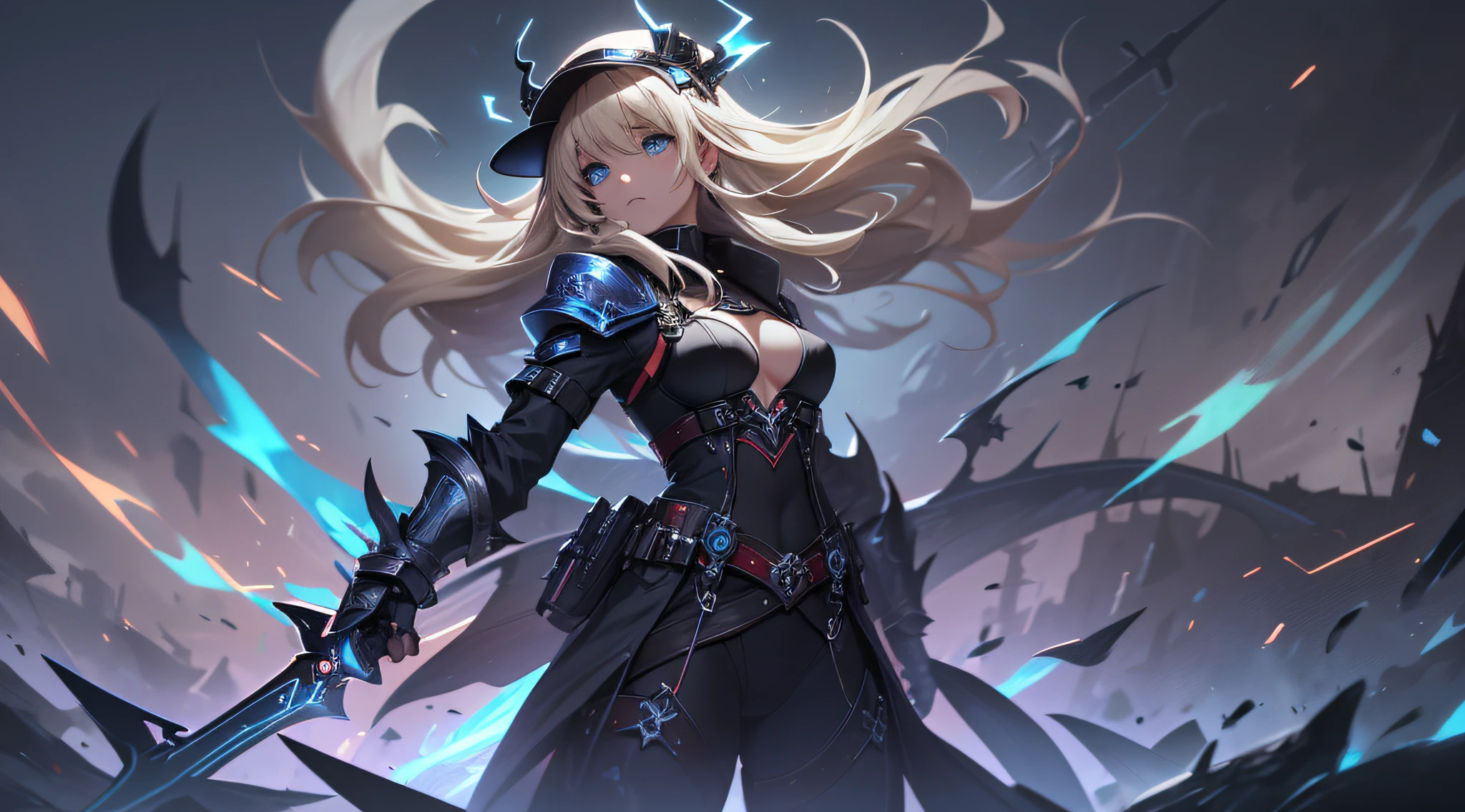 top-quality、Top image quality、​masterpiece、 girl((Black jacket、black mechanic body、Shining red body line、Black Bikini Armor、18year old、 Ager、Best Bust、big bast,Beautiful light blue eyes, Long Blonde Hair、A slender,Large valleys、Reflecting the whole body、black mechanic helmet、Black visor、mechanical red sword、Black wings、rear cable、mid air、flying though the air,fighting poses)),hiquality、Beautiful Art、Background with((Dark world、Darknesian dragon army、demon realm))​masterpiece、depth of fields,Japan Anime Style