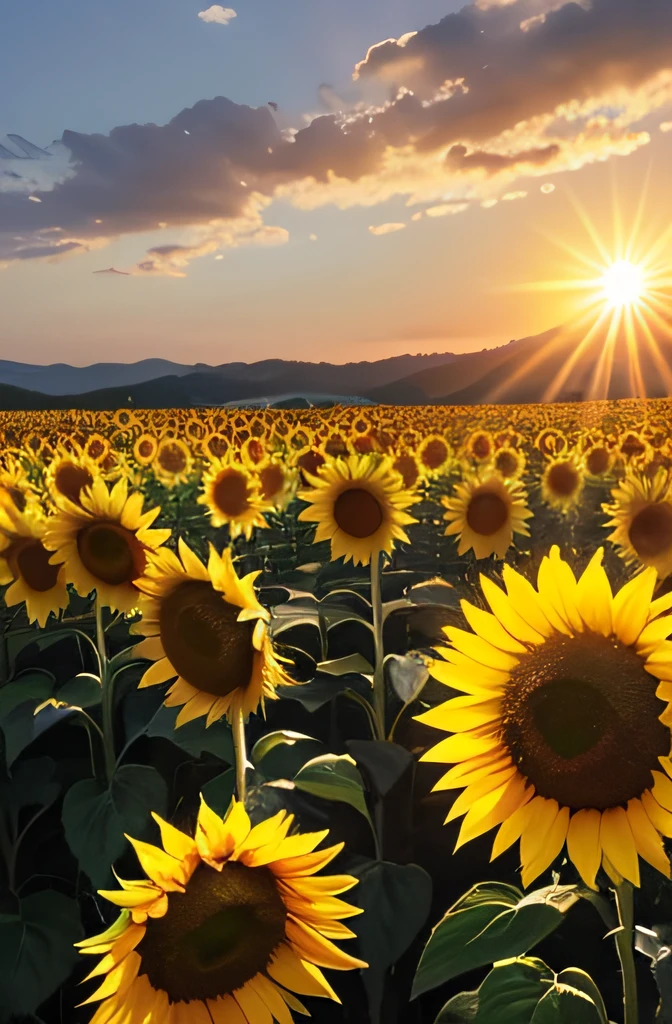 Close-up of a sunflower field，The background is blue sky, colours : himawari, （Scenes : sunflower fields）, helianthus flowers, Crystal sunflower, and the sun was shining brightly, Sunflowers in full bloom，tmasterpiece，Lighting，k hd，