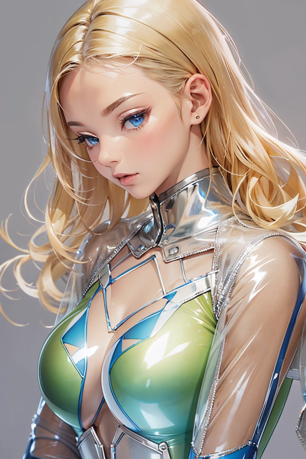 in 8K、glossy latex suit、(((Transparent latex suit)))、(((Transparent latex suit)))、short golden hair with arms behind head、Beautiful woman with blue eyes、Latex suit that shows off your body line beautifully、Upper body only