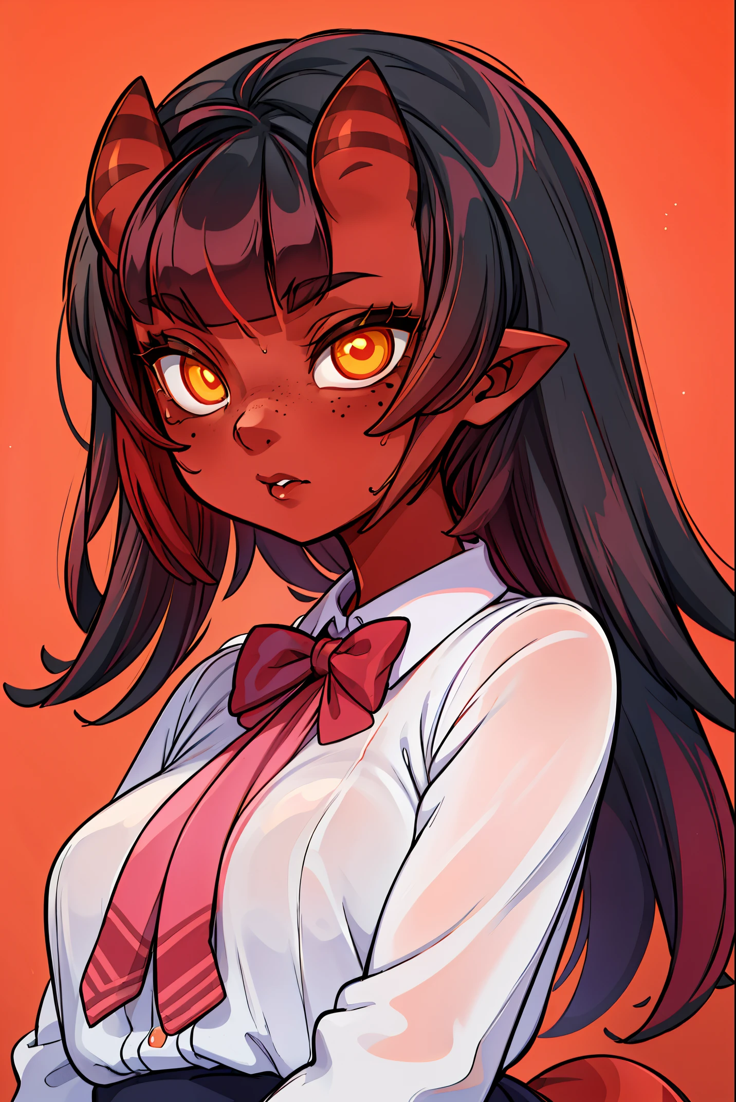 (masterpiece, best quality), 1girl, beautiful face, beautiful body,  meruccubus, red oni, colored skin, red skin, pointy ears, long hair, mole, oni, blunt bangs, school uniform, pink bowtie, school background