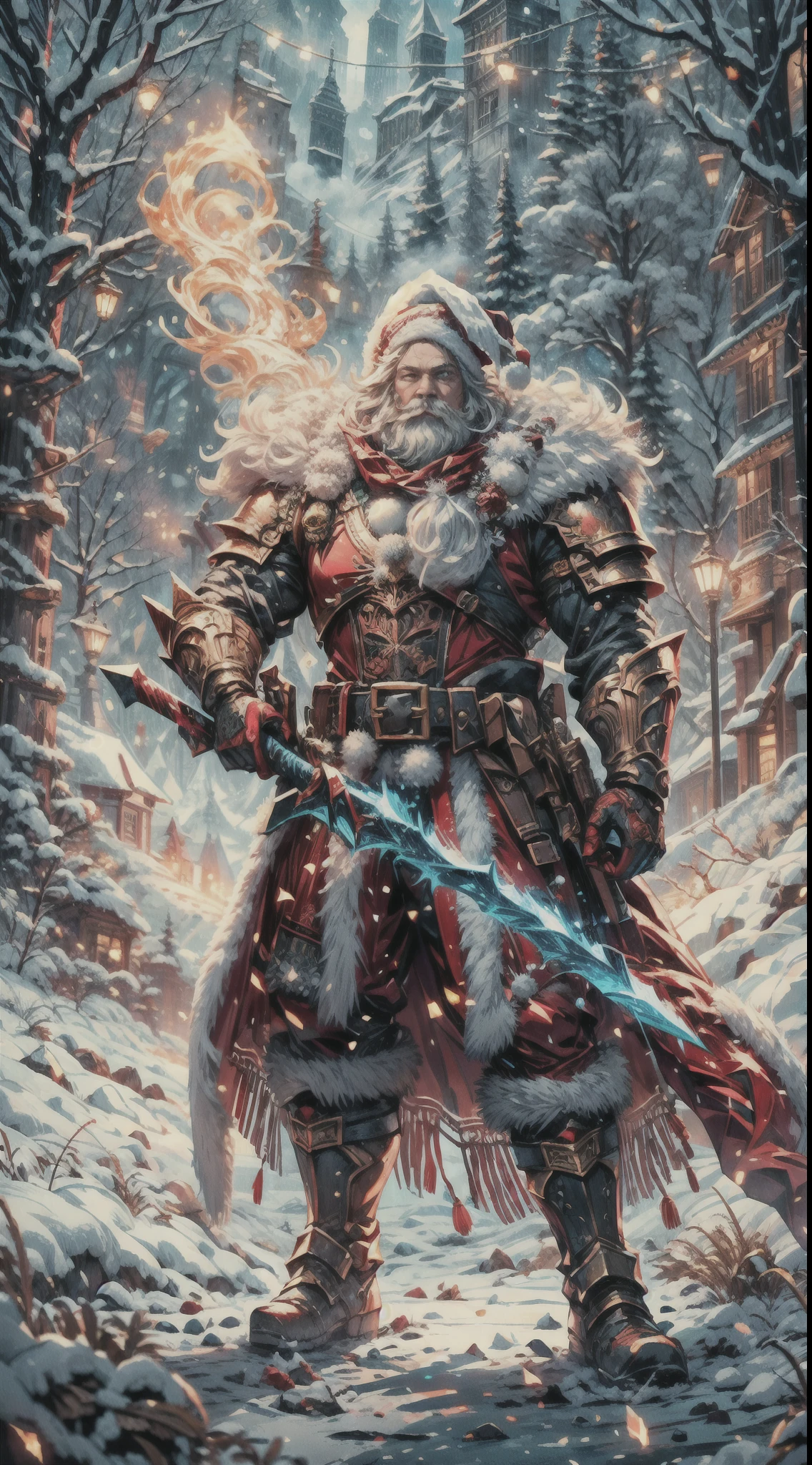 Santa Claus as the boss of the game "Dark Souls" in the Christmas DLC,best quality,4k,8k,highres,masterpiece:1.2,ultra-detailed,realistic:1.37,[HDR],[UHD],[studio lighting],extremely detailed face,beautiful detailed eyes,beautiful detailed lips,long eyelashes,[physically-based rendering] BREAK,powerful physique,wearing a red and white armor suit with intricate designs,[imposing presence],holding a mighty candy cane [greatsword],surrounded by a snowy landscape,with large icicles hanging from the environment,casting a golden aura,[epic battle scene],intense fire and smoke effects,[vivid colorokeh],blue and white color scheme with hints of gold, dramatic lighting with warm highlights and cool shadows.