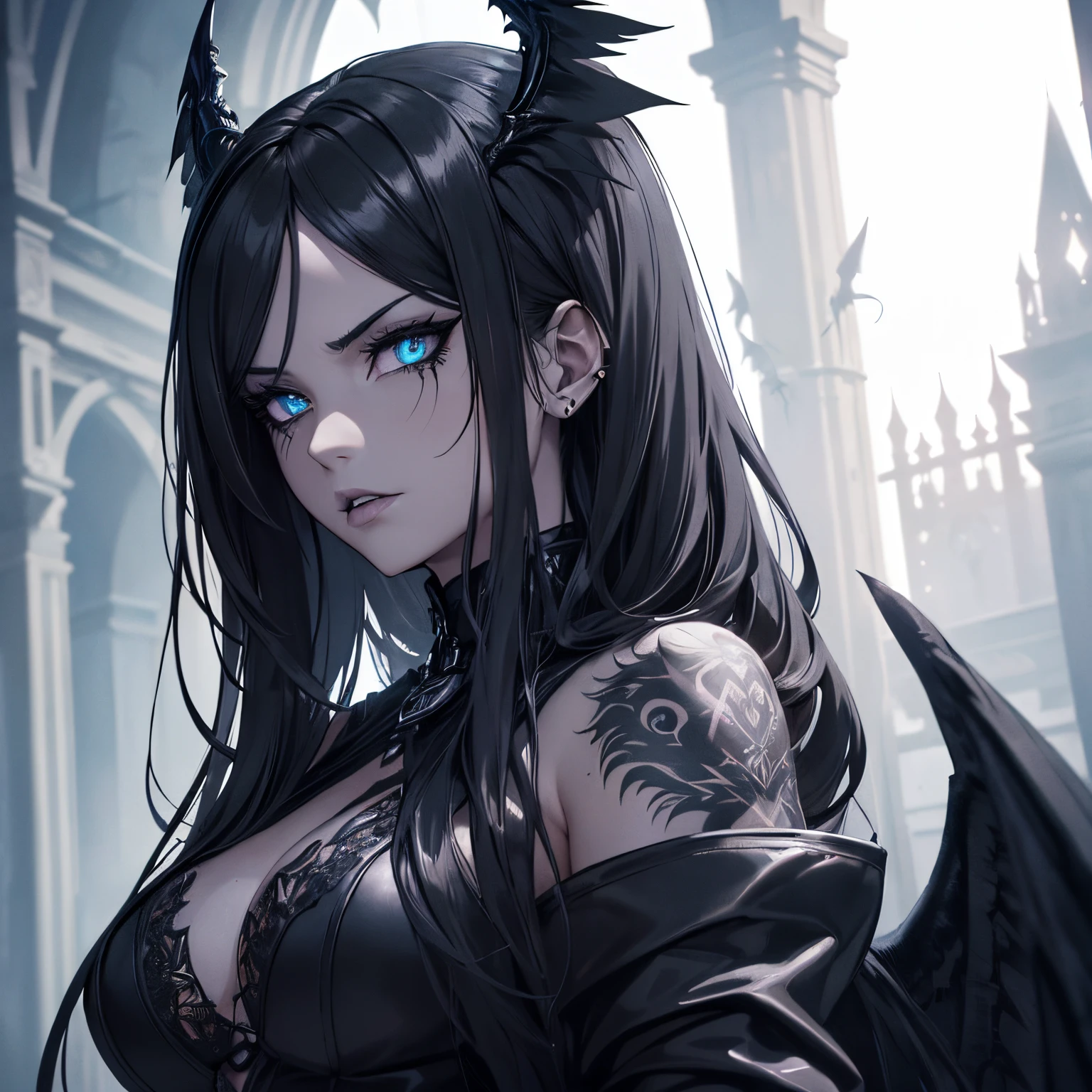 (detailed dark angel,detailed demonic wings,beautiful detailed eyes,beautiful detailed lips,best quality,photo-realistic),evil spirit,dark doctor scenery,sinister face,tattoo design,fierce gaze,cold stare,mysterious aura,long black hair,black feathers,gothic vibes,enchanted garden,dramatic lighting,ominous clouds,flying pose,vivid colors,supernatural,shadowy atmosphere