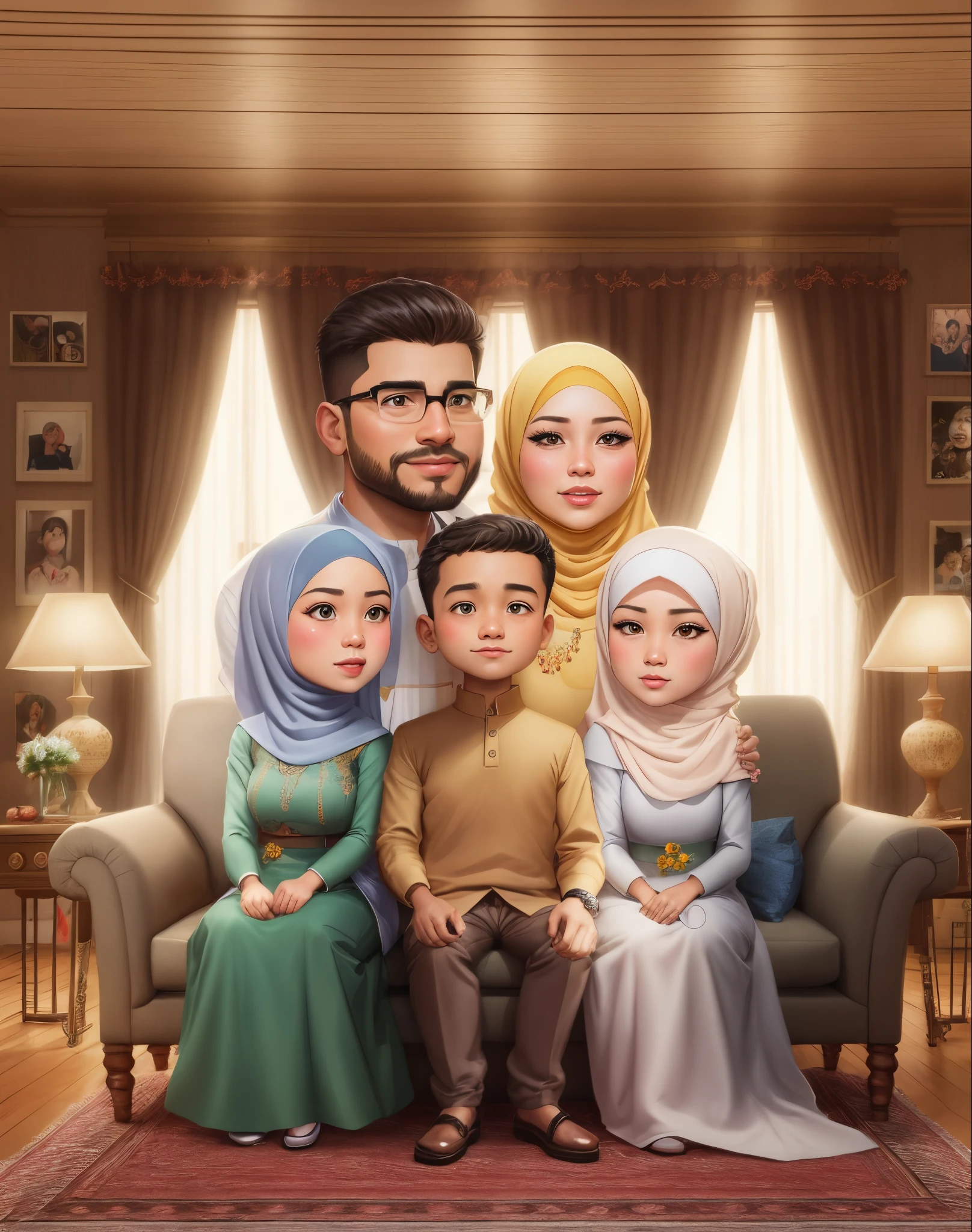 A Muslim family containing one father, one mother, one daughter, then twins daughter and son and then another daughter