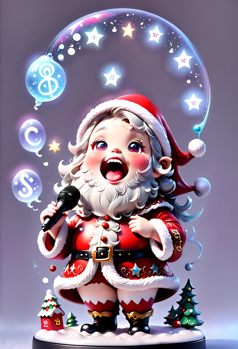 chalk gray style, ((1 glowing magical cute Santa Claus)),((Singing with a microphone)), ((Syllable symbols floating in the air)),Christmas elements,Snowy days,8K,Irridescent color, kawaii, cute big breasts, number art, high qulity, The is very detailed, 3Drenderingof,Bright colorinimalist style,Disney style,translucent