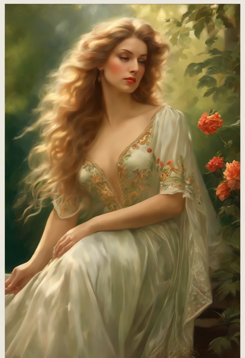 Painting of a beautiful and sexy woman, green eyes, ((with long medusa hair, falling over her shoulders)) and an embroidered dress, ((Spanish gypsy, from the Victorian Era)), ((Lana turner style)), wearing a dress with a V-neck corset and embroidery, in the background forest and flowers, Bowater art style, baroque digital painting, Renaissance digital painting, masterpiece! inspired by Franz Xaver Winterhalter, inspired by Friedrich von Amerling, beautiful character painting, beautiful digital painting, inspired by Thomas Lawrence, beautiful yywater painting, refraction, reflections, mirrors, prisms, sunlight, bright lights!! Complex, elegant, highly detailed digital painting, art station, concept art, sharp and soft focus, illustration, art by ( ( ( ( Artgerm ) ) ) ) and ( Greg Rutkowski )! and (((Alphonse Mucha))), eyes reflecting in eyes reflecting to infinity
