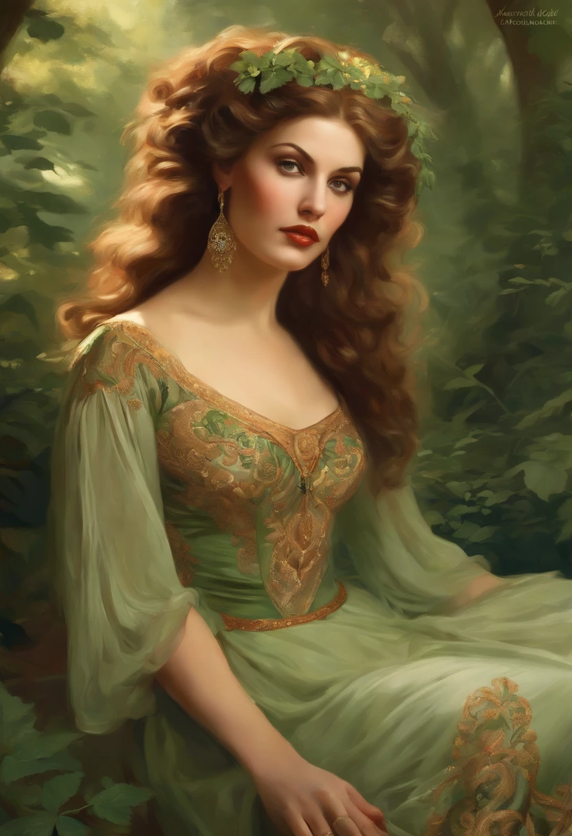 Painting of a beautiful and sexy woman, green eyes, ((with long medusa hair, falling over her shoulders)) and an embroidered dress, ((Spanish gypsy, from the Victorian Era)), ((Lana turner style)), wearing a dress with a V-neck corset and embroidery, in the background forest and flowers, Bowater art style, baroque digital painting, Renaissance digital painting, masterpiece! inspired by Franz Xaver Winterhalter, inspired by Friedrich von Amerling, beautiful character painting, beautiful digital painting, inspired by Thomas Lawrence, beautiful yywater painting, refraction, reflections, mirrors, prisms, sunlight, bright lights!! Complex, elegant, highly detailed digital painting, art station, concept art, sharp and soft focus, illustration, art by ( ( ( ( Artgerm ) ) ) ) and ( Greg Rutkowski )! and (((Alphonse Mucha))), eyes reflecting in eyes reflecting to infinity