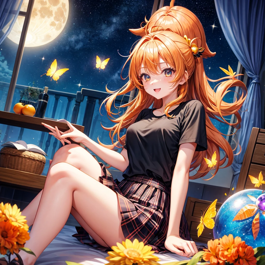 Orange hair、poneyTail、verd s eyes、one good looking girl、独奏、animesque、lightly dressed、Plaid miniskirt、a black T-shirt、fullmoon、Meteor swarm、large tree、Glittering starry sky、rainbow butterfly flying、Colorful marbles、sitting on、golden castle、flower petals、thread、Skysky、inside in room、penmanship