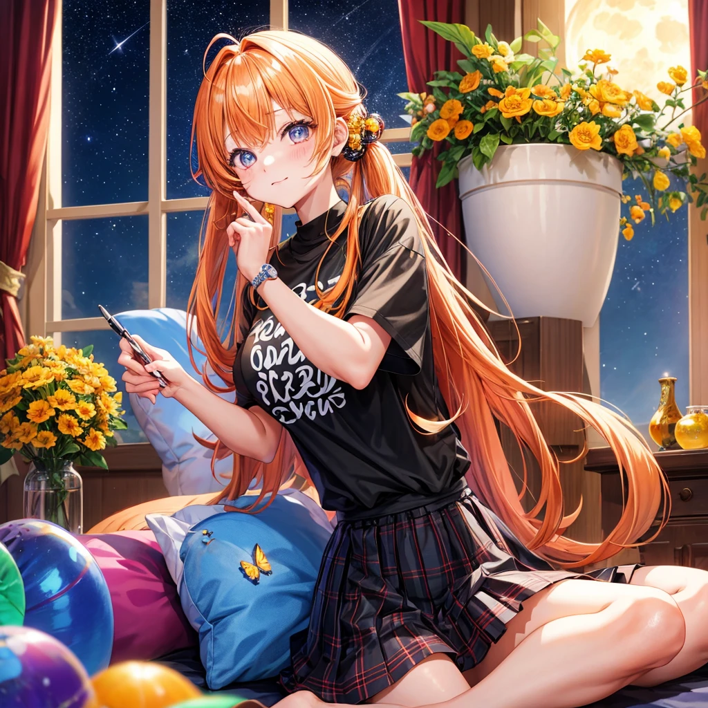 Orange hair、poneyTail、verd s eyes、one good looking girl、独奏、animesque、lightly dressed、Plaid miniskirt、a black T-shirt、fullmoon、Meteor swarm、large tree、Glittering starry sky、rainbow butterfly flying、Colorful marbles、sitting on、golden castle、flower petals、thread、Skysky、inside in room、penmanship