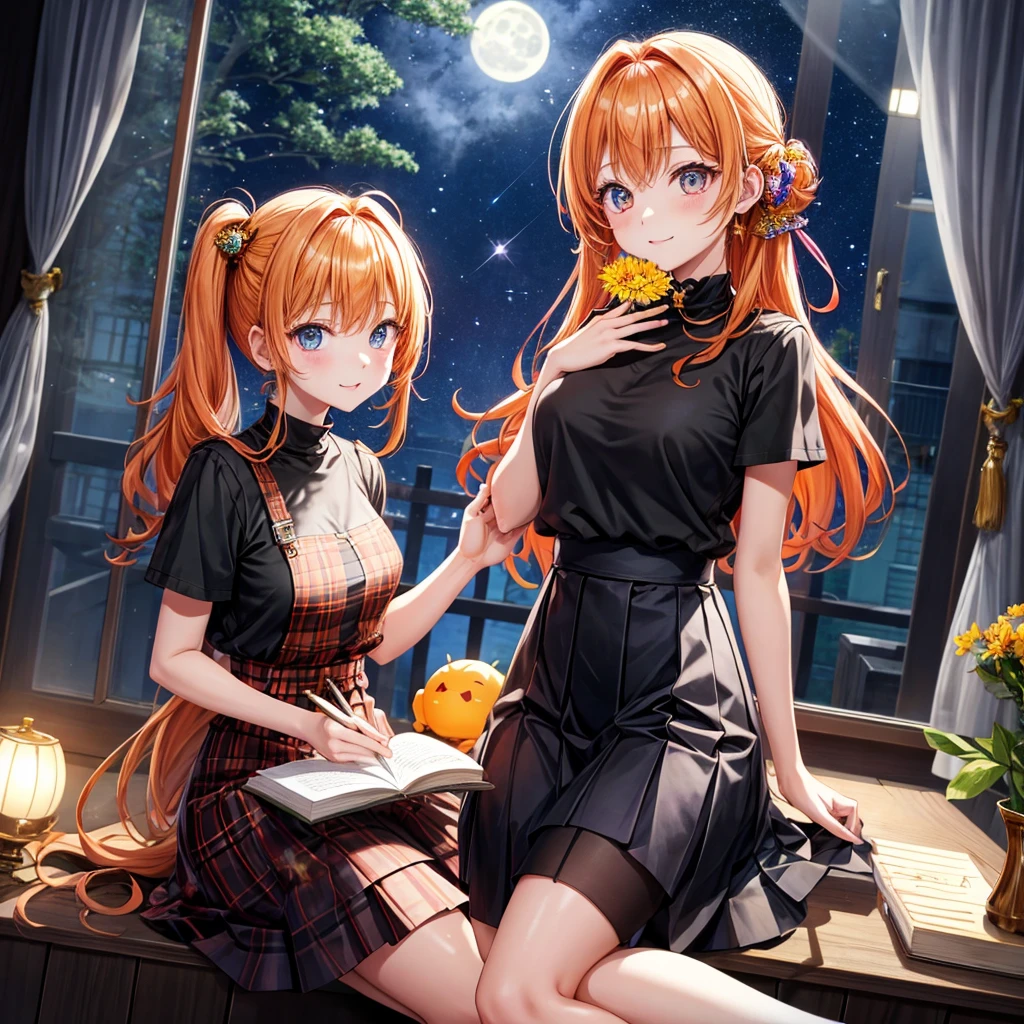Orange hair、poneyTail、verd s eyes、one good looking girl、独奏、animesque、lightly dressed、Plaid miniskirt、a black T-shirt、fullmoon、Meteor swarm、large tree、Glittering starry sky、rainbow butterfly flying、Colorful marbles、sitting on、golden castle、flower petals、thread、Skysky、inside in room、penmanship
