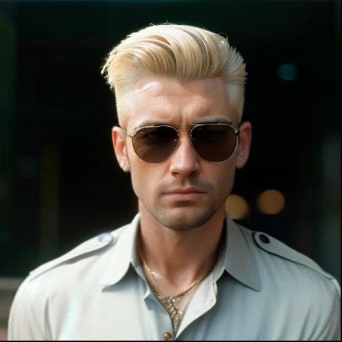 extremely detailed face, masterpiece, realistic, best quality, photorealistic, 8k, high res, standing, (looking at the camera), ordinary clothing, man, short wavy hair, by lee jeffries Nikon D850 film stock photography 4 kodak camera portra 400 lens f1.6 rich colors hyper realistic realistic texture dramatic lighting irrealengine trending on artstation cinestill 800, 1man, (in his 30s, blonde hair, cool military haircut, awkward pose, mildly funny expression on the face, dirty white dress shirt, aviator sunglasses, earring, gold wristwatch, funny face), first-person view