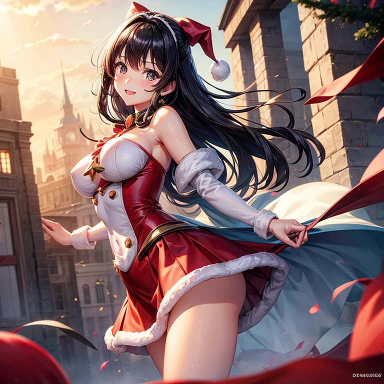 animesque、a beauty girl、santa、Mini skirt、posterior view、Beautiful 、A dark-haired、Black eyes glow、ssmile、