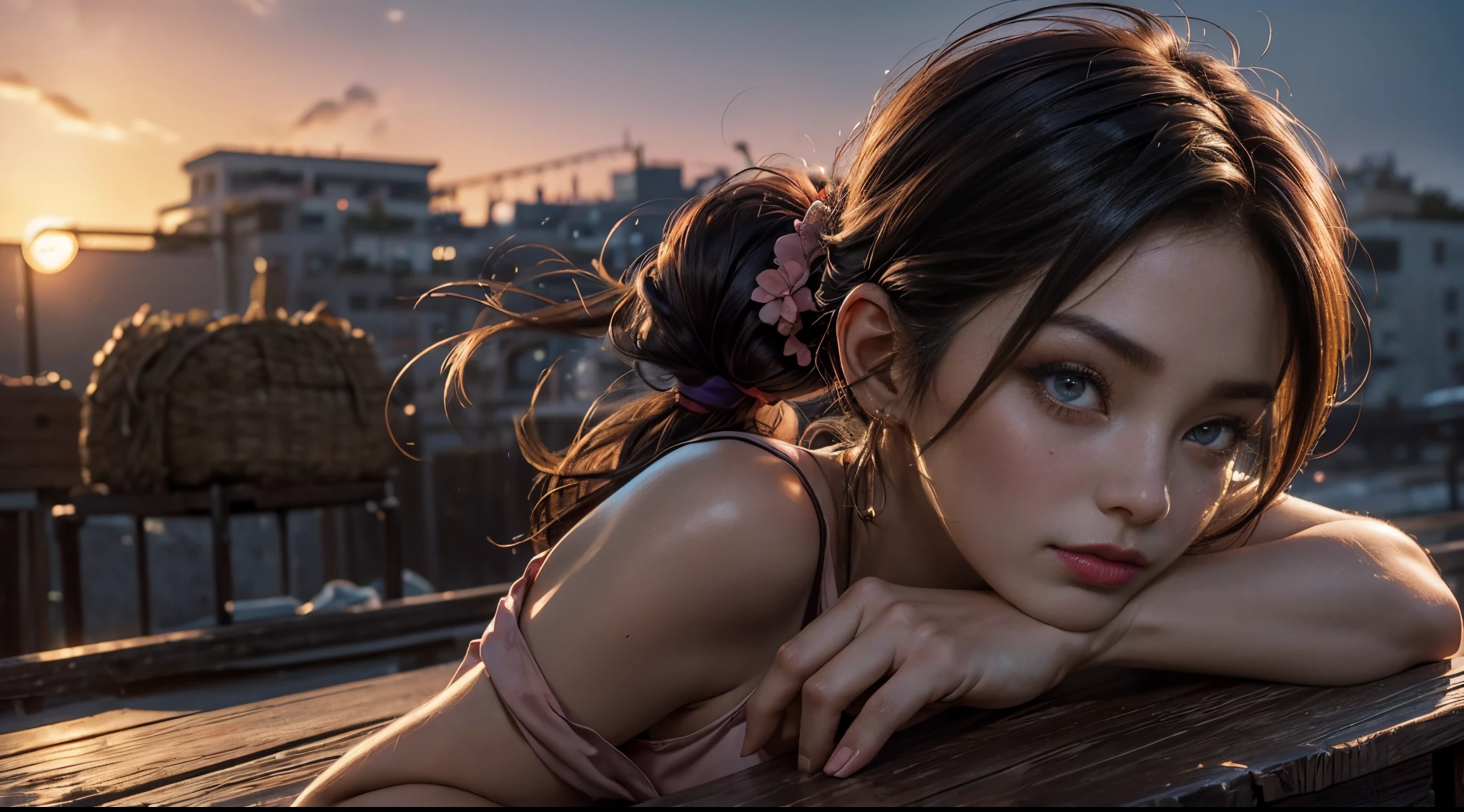 Sexy goddess,The facial features are extremely beautiful,body shape is slim,Bigchest,Lie in the flowers,artistic pose,Volcanic eruption in the background,Strange sky,Singular clouds,Close-up of lights