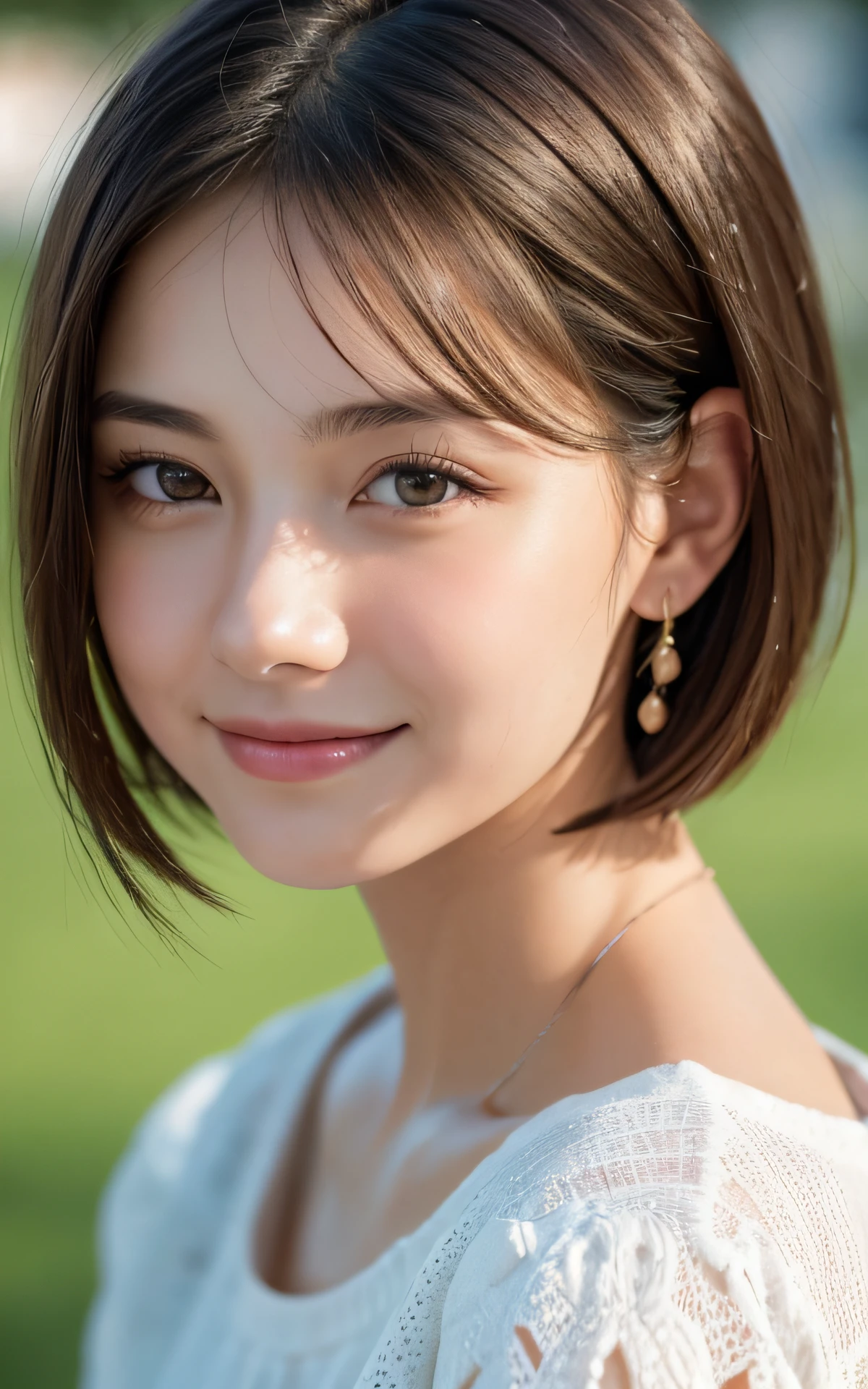 masutepiece, Best Quality, 8K, 1 girl, 20 yo, Closed mouth, Little smile, close-up, Close-up of face, Solo, Cute, Girly, Delicate girl, Neat and clean beauty, Raw photo, Professional Photography, Portrait, Soft light, Professional Lighting, Back lighting, Look away, looking at away, Sophisticated, Film grain, (Eyes and faces with detailed:1.0), Short-length floating hair, Beautiful flowing hair,
