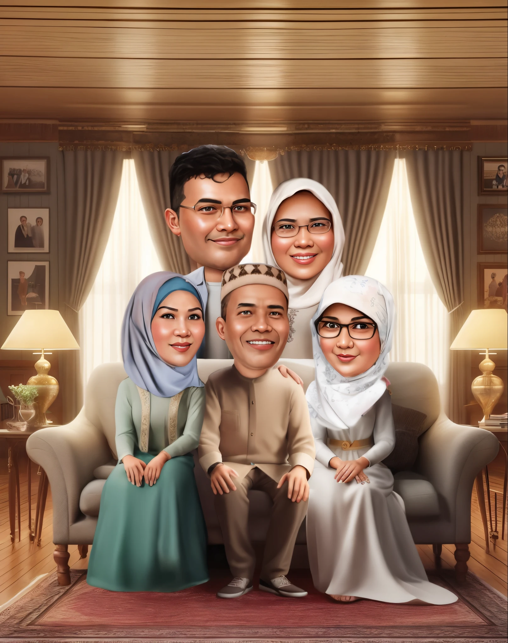 there are a group of people sitting on a couch together, an muslim indonesian family portrait, Sit on the sofa caricature illustration, happy family, family portrait, in cartoon style, potrait, full protrait, digital art cartoon, muslim family, by Abidin Dino, realistic cartoon, caricature style, realistic portrait photo, cartoon style illustration, highly detailed photo portrait, cartoon digital art