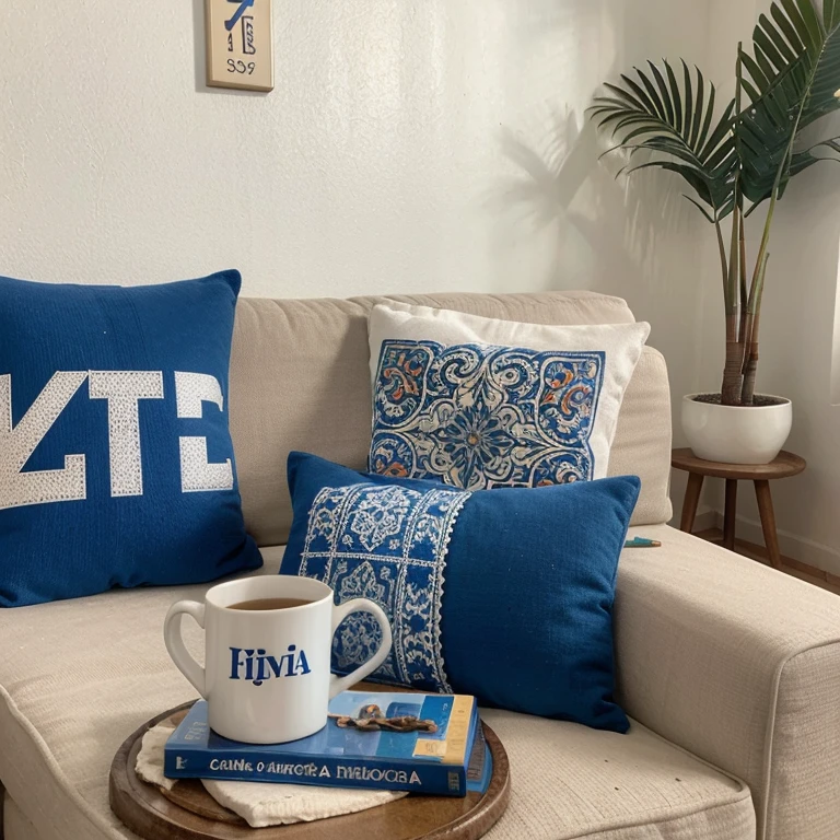 Caneca,chaveiro ,azulejo,chinelo ,sofa with pillows, fami,mesa de centro,porta ,janela, camisetas, Regatas,caixas de presente brancas, todos os objetos brancos,personalized product advertisement